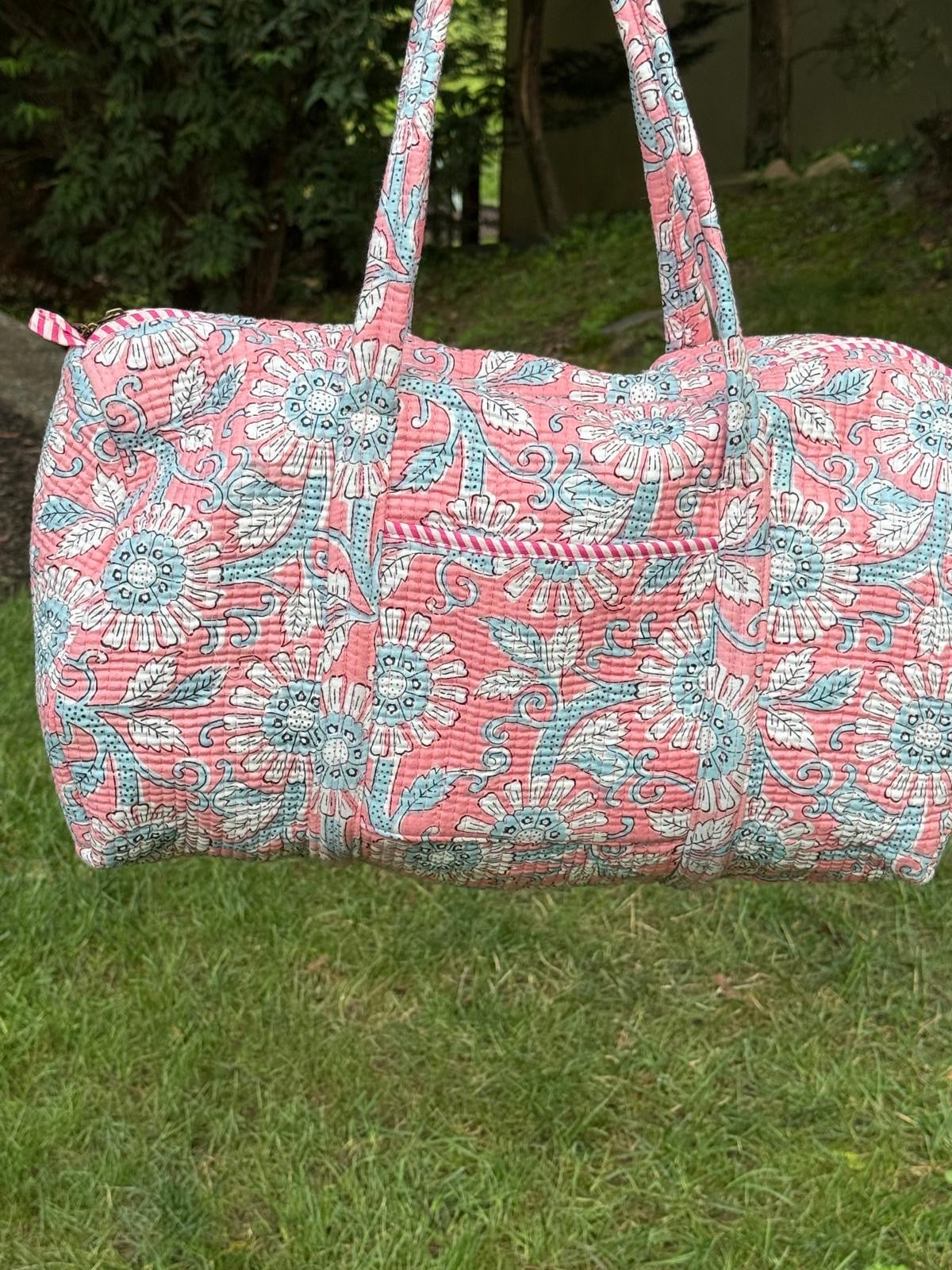 Pink Floral Block Printed Duffel Bag