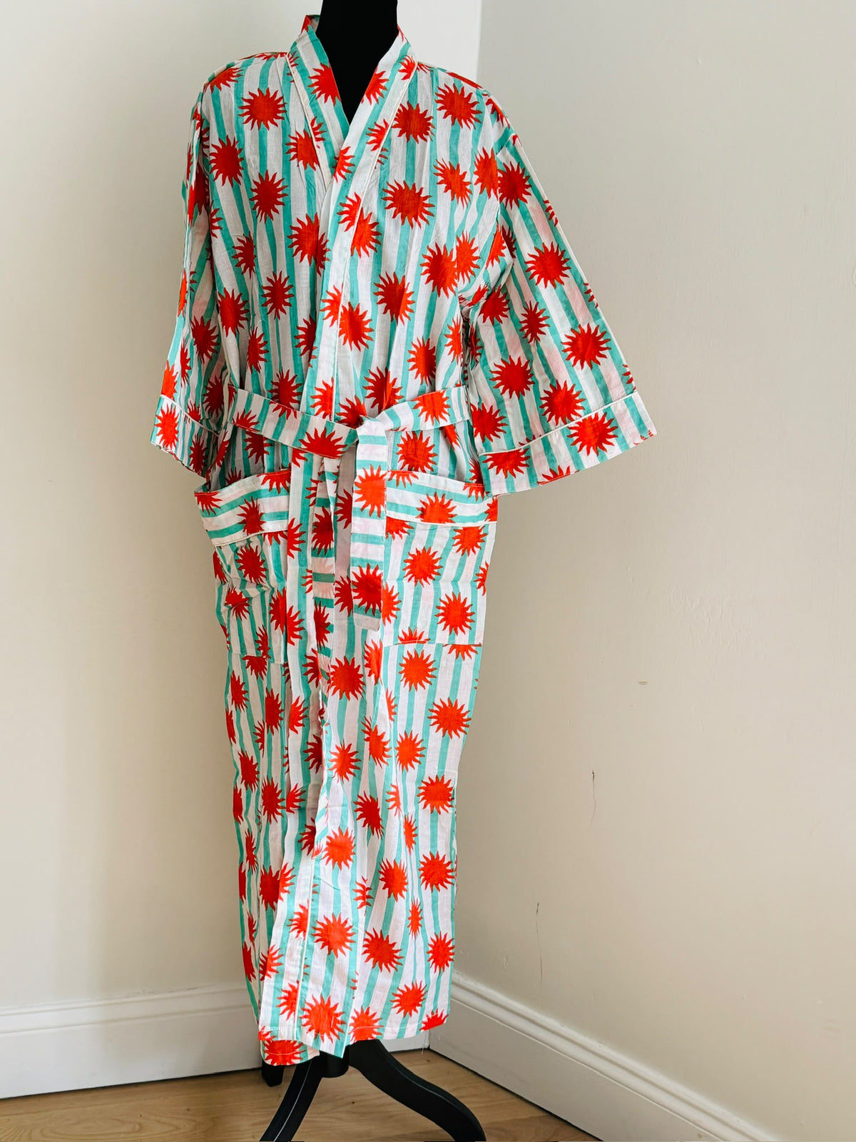 Handcrafted Block Print Cotton Kimono Robe | Teal Stripe & Vibrant Orange Sunburst Lounge Robe | Spa & Sleepwear