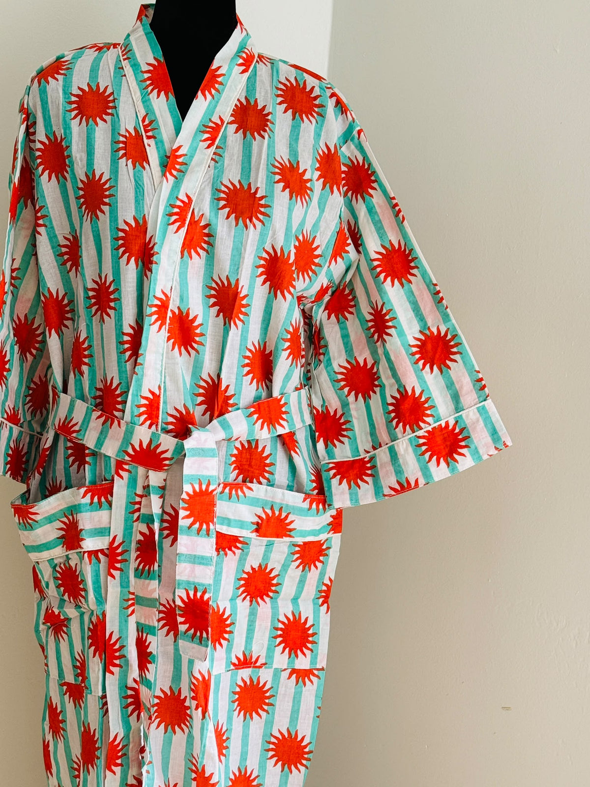Handcrafted Block Print Cotton Kimono Robe | Teal Stripe & Vibrant Orange Sunburst Lounge Robe | Spa & Sleepwear