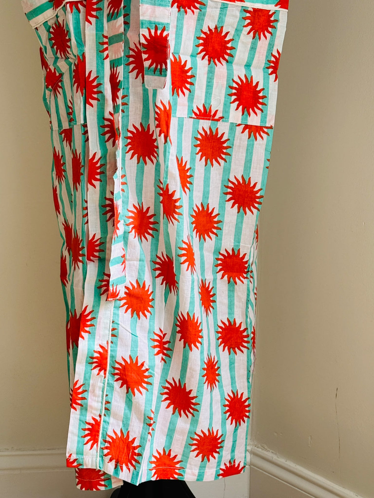 Handcrafted Block Print Cotton Kimono Robe | Terracotta Brown Stripe & Sunburst Lounge Robe | Spa & Sleepwear