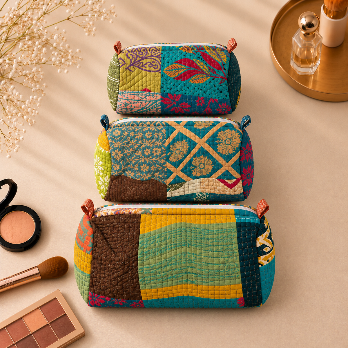 Set Of 3 Makeup Bag, Teal Patchwork Block Print Cotton Travel Case, Quilted Cosmetic Storage Bag Set