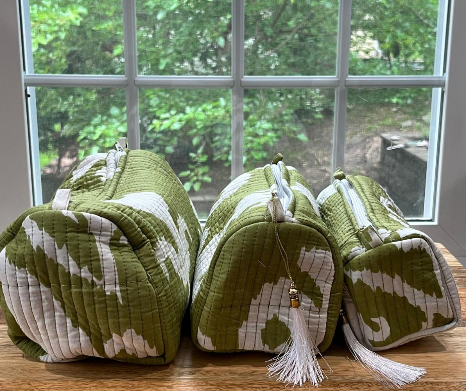 Green & White Block Printed Toiletry Bag - Set of 3