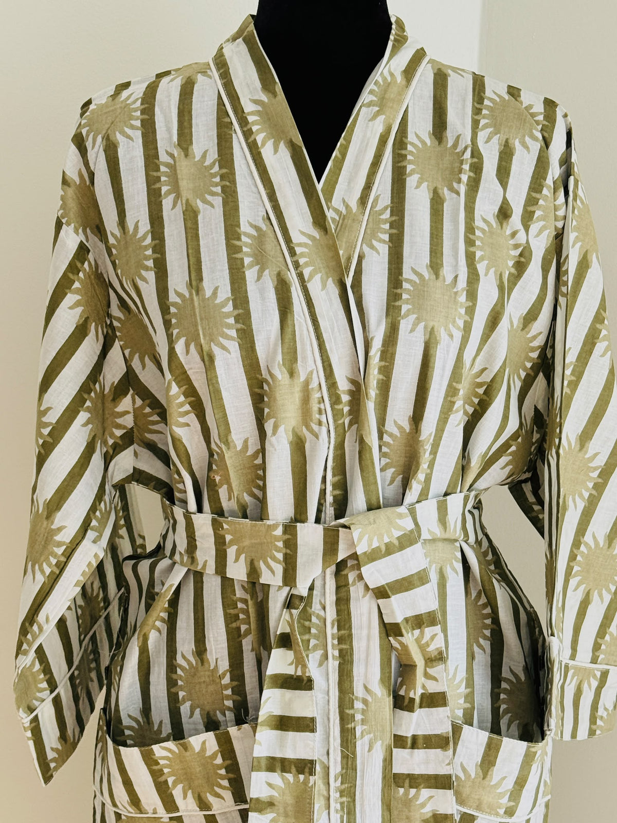 Handcrafted Block Print Cotton Kimono Robe | Teal Stripe & Vibrant Orange Sunburst Lounge Robe | Spa & Sleepwear