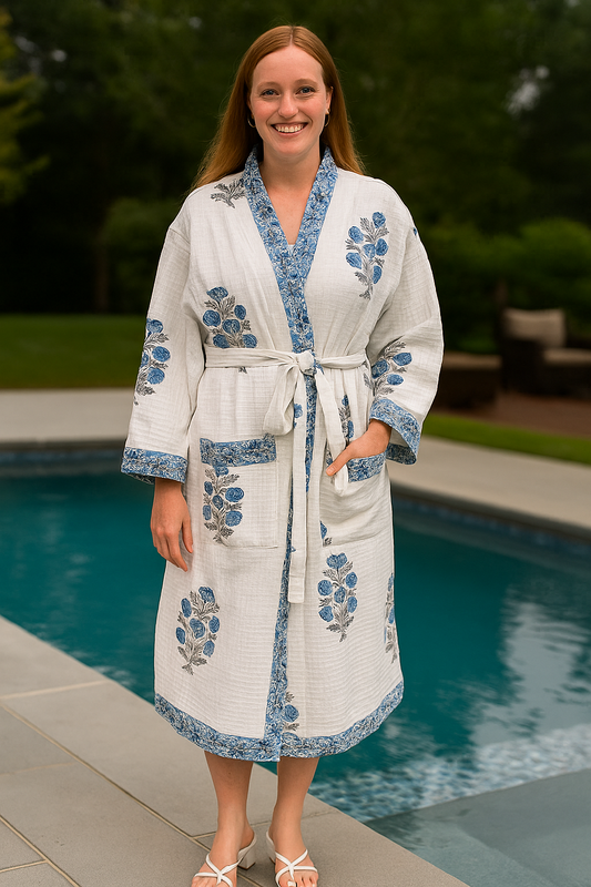 White & Blue Block Printed Quilted Kimono Robe