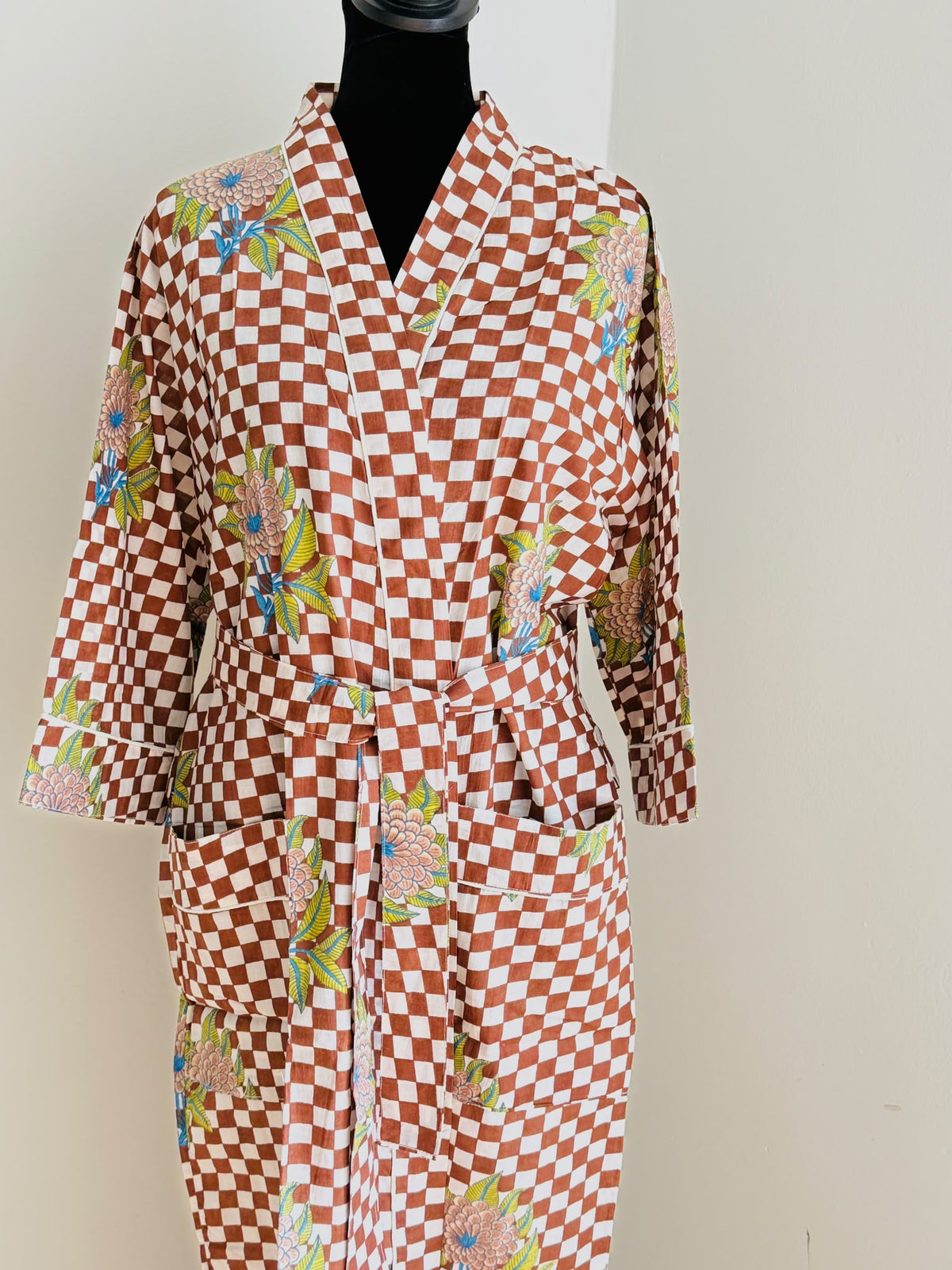 Block Print Cotton Kimono Robe | Red & White Checkered with Green Floral Lounge Robe | Spa & Sleepwear