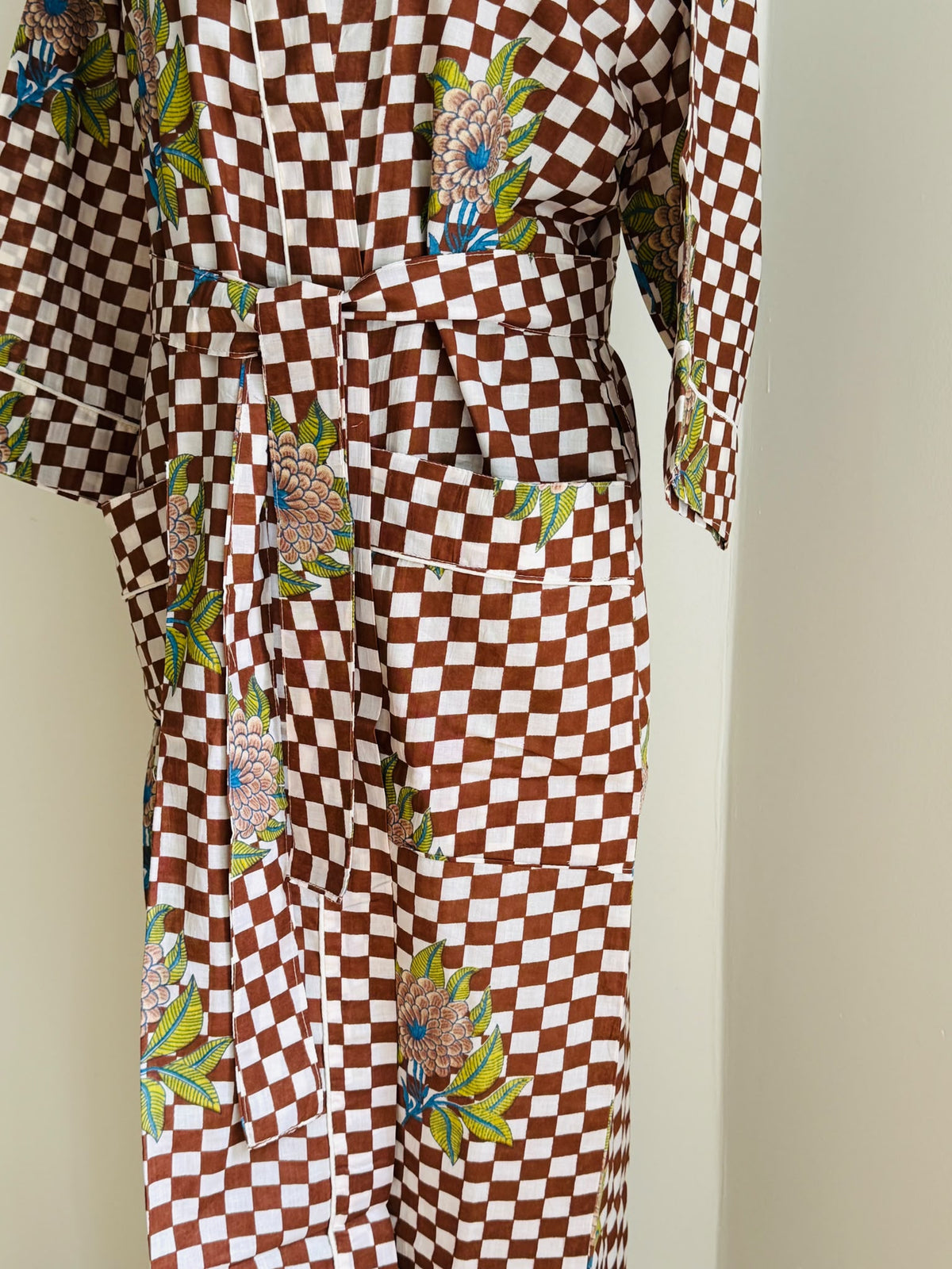Block Print Cotton Kimono Robe | Red & White Checkered with Green Floral Lounge Robe | Spa & Sleepwear