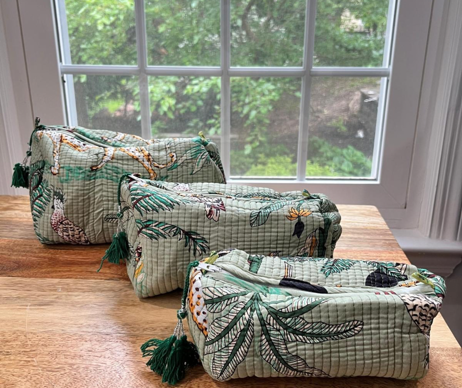 Green Jungle Block Printed Toiletry Bag - Set of 3