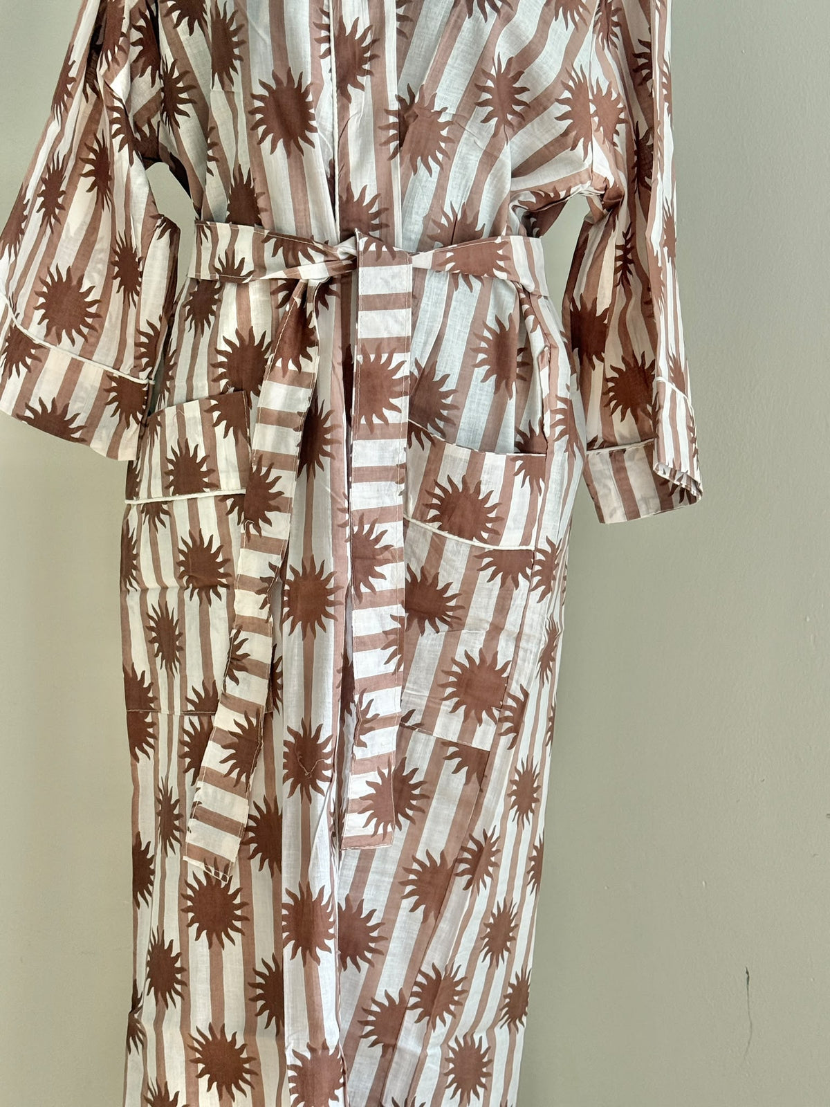 Handcrafted Block Print Cotton Kimono Robe | Olive Green Stripe & Sunburst Botanical Lounge Robe | Spa & Sleepwear