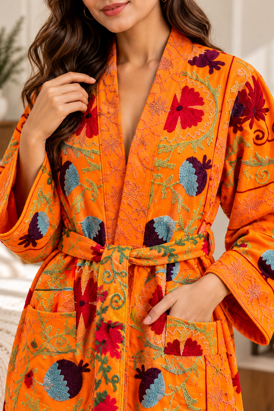Vibrant Orange Cotton Suzani Embroidered Bathrobe | Crimson Floral Motif Heavy Work Kimono Robe & Lounge Gown| Embroidery Robe
