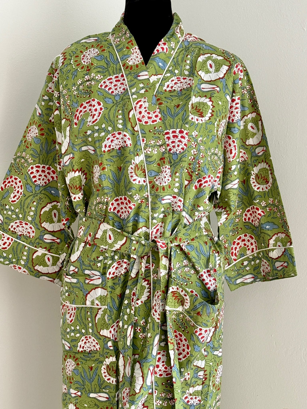 Traditional Indian Block Print Cotton Kimono | Olive Green & Crimson Floral Motif Spa & Lounge Robe | Gift For Her
