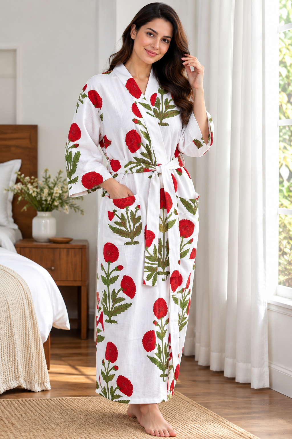 Handcrafted Block Print Cotton Kimono Robe | White & Golden Yellow Floral Botanical Lounge Robe | Spa & Sleepwear