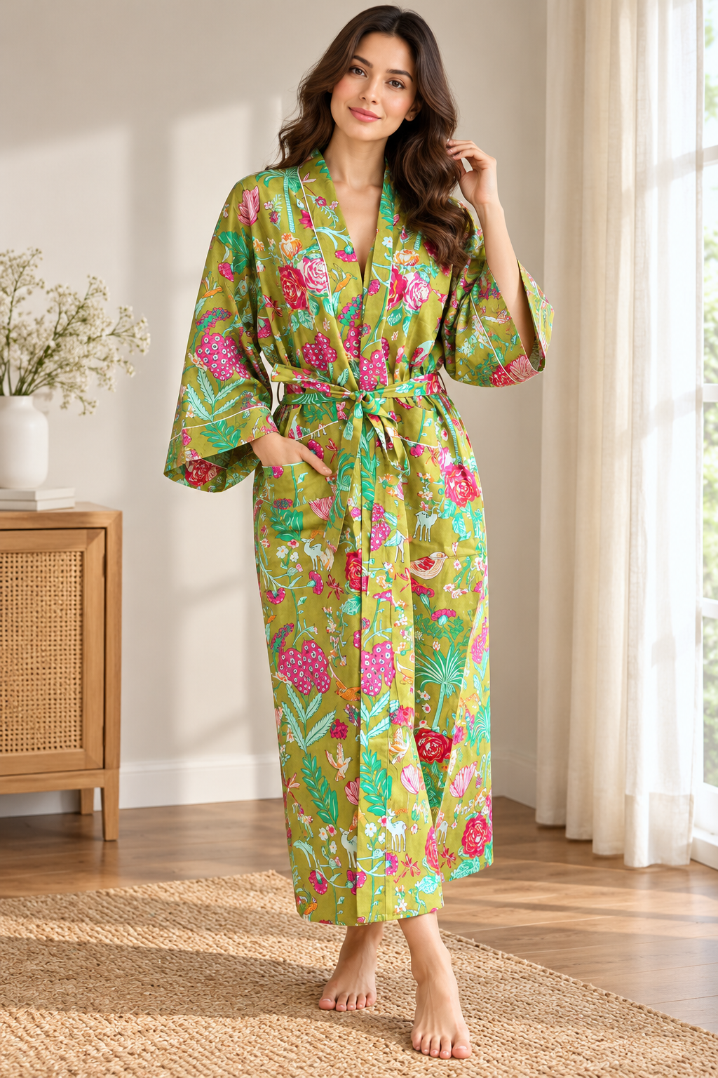 Hand Block Print Cotton Kimono Robe | Olive Green & Magenta Floral Garden Lounge Robe | Spa & Sleepwear