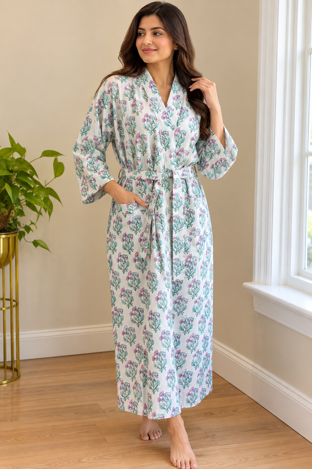 Handcrafted Block Print Cotton Kimono Robe | Soft Blue, Pink & Green Floral Meadow Lounge Robe | Spa & Sleepwear