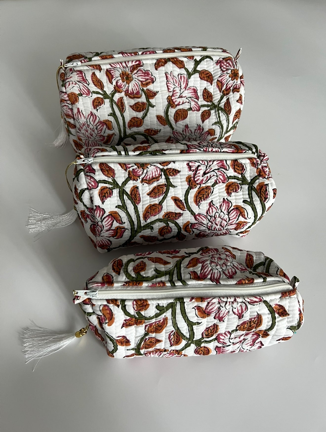 Floral Block Printed Toiletry Bag - Set of 3