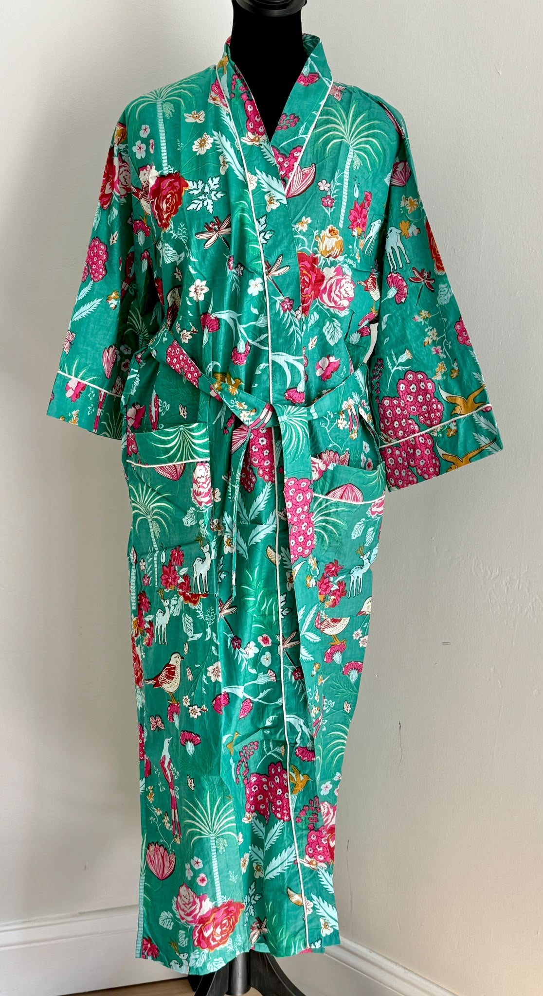 Hand Block Print Cotton Kimono Robe | Olive Green & Magenta Floral Garden Lounge Robe | Spa & Sleepwear