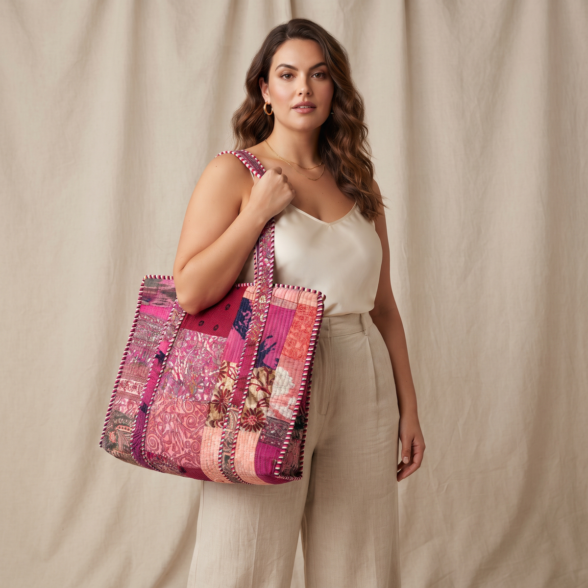 Handmade Magenta Pink Kantha Patchwork Quilted Cotton Tote Bag, Indian Boho Shoulder Bag, Floral Travel Beach Bag