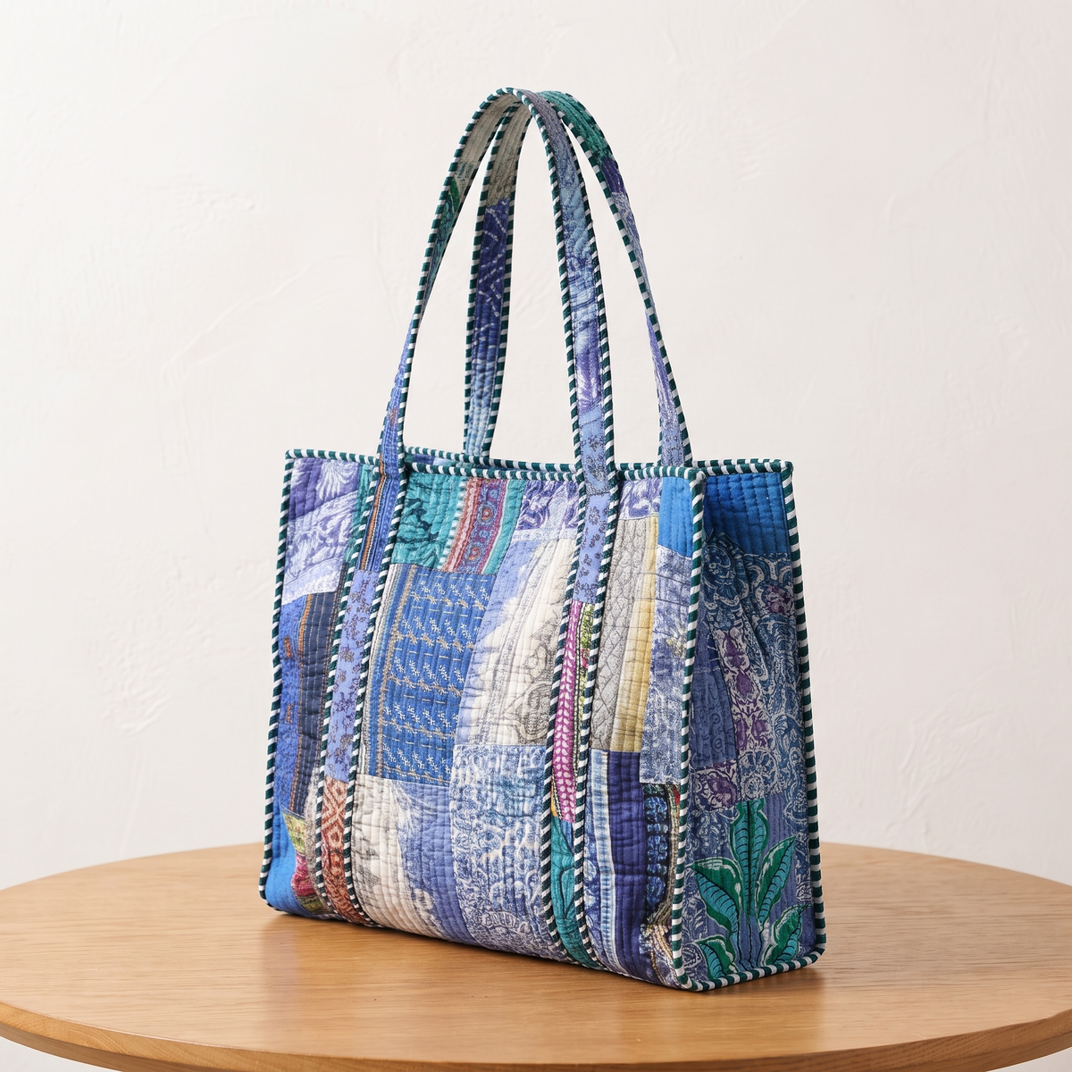 Handmade Magenta Pink Kantha Patchwork Quilted Cotton Tote Bag, Indian Boho Shoulder Bag, Floral Travel Beach Bag