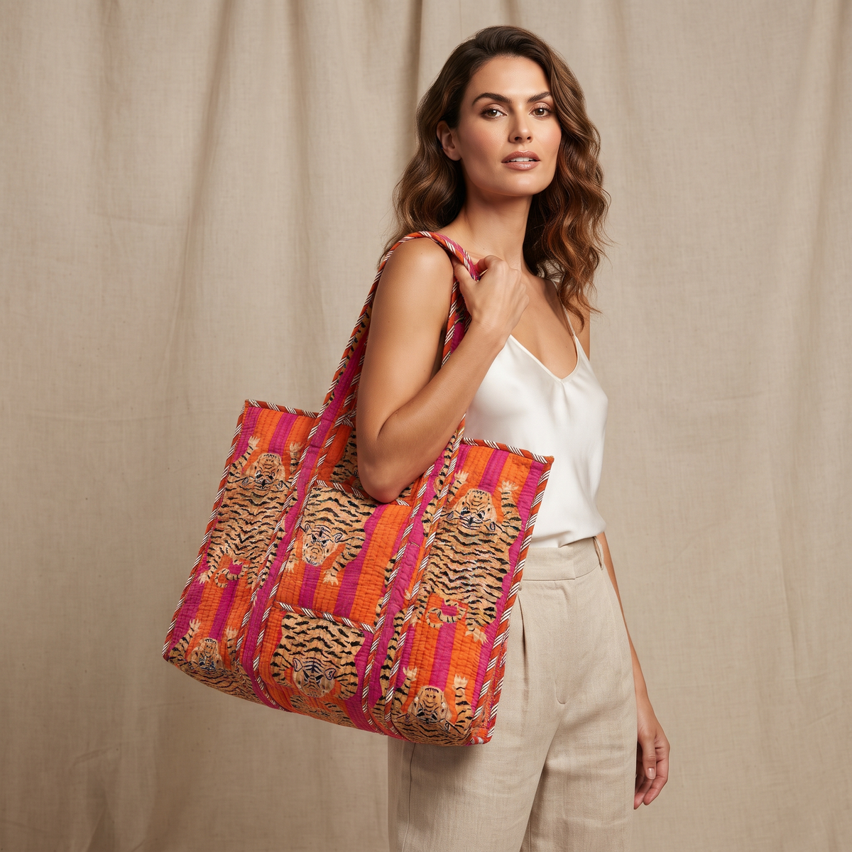 Handmade Orange Pink Bengal Tiger Block Print Quilted Cotton Tote Bag, Indian Boho Shoulder Bag, Exotic Animal Travel Beach Bag