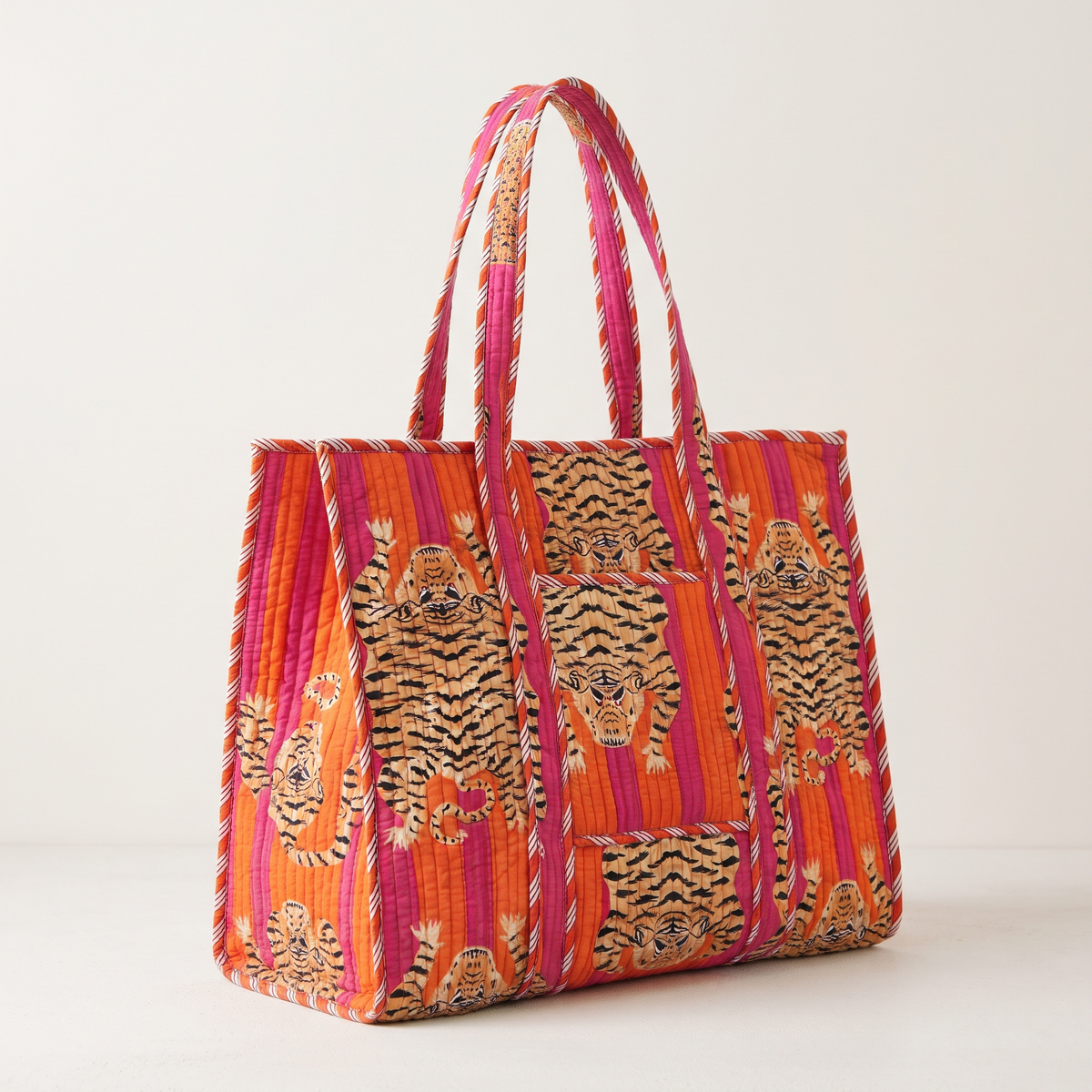 Handmade Orange Pink Bengal Tiger Block Print Quilted Cotton Tote Bag, Indian Boho Shoulder Bag, Exotic Animal Travel Beach Bag