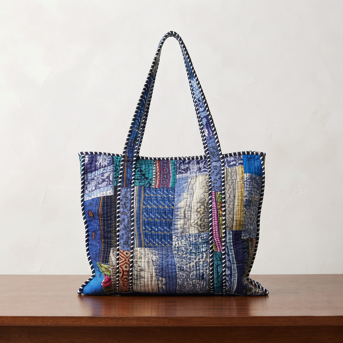 Handmade Magenta Pink Kantha Patchwork Quilted Cotton Tote Bag, Indian Boho Shoulder Bag, Floral Travel Beach Bag