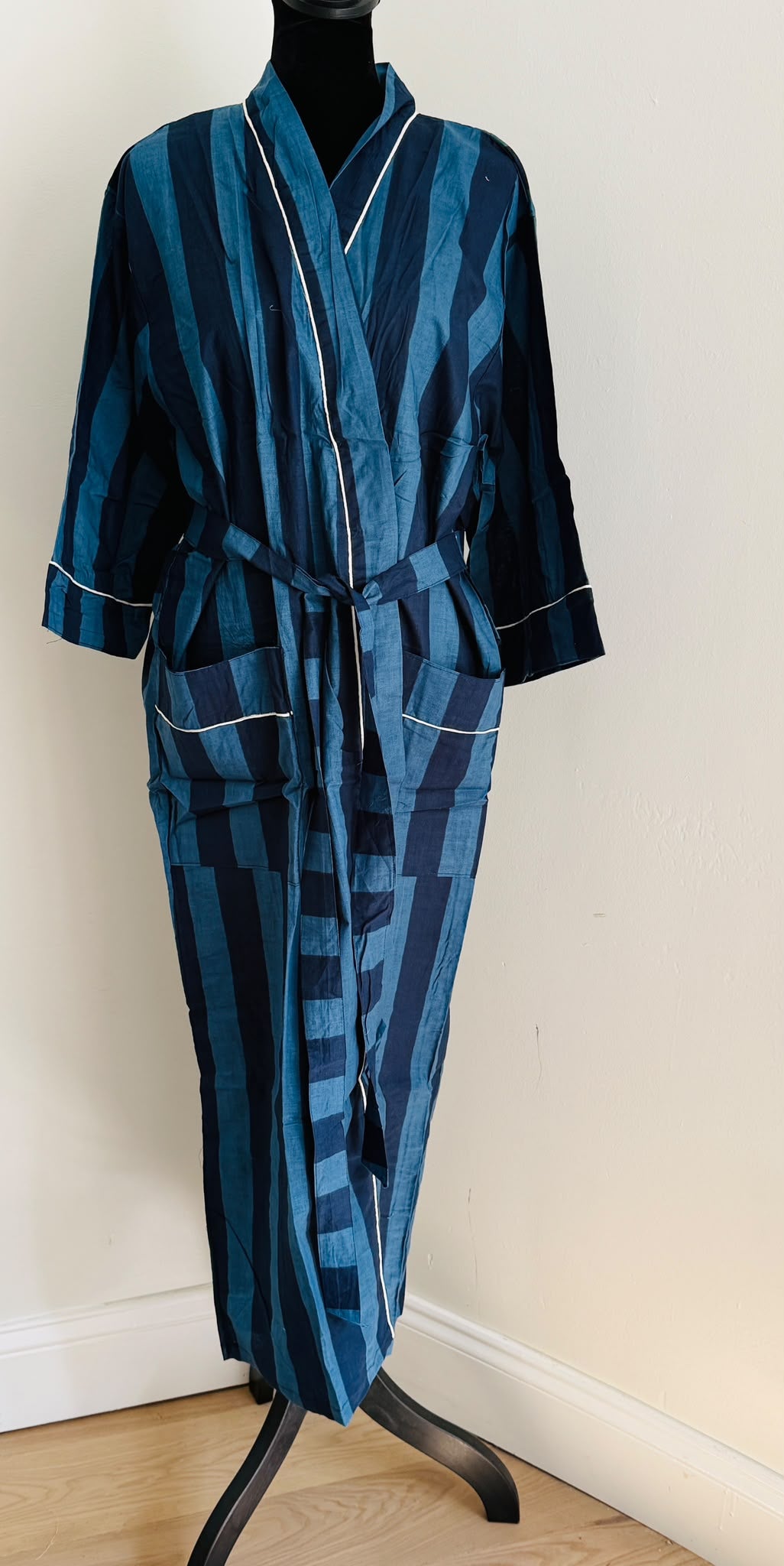 Block Printed Cotton Kimono Sleepwear | Navy & Light Blue Striped Bathrobe | Comfy Casual Loungewear | Bridesmaids Gift