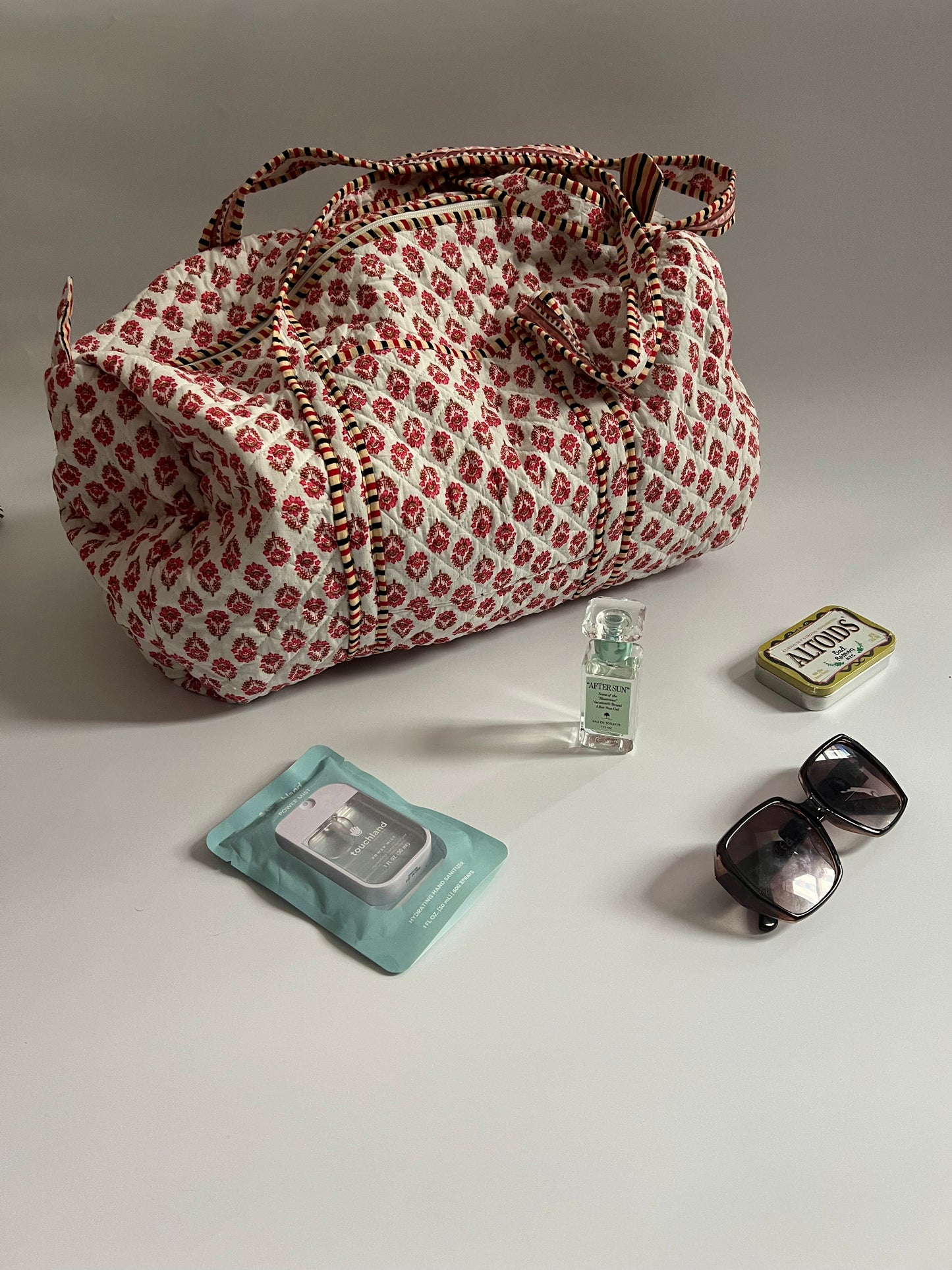 White & Red Block Printed Pink Duffle Bag