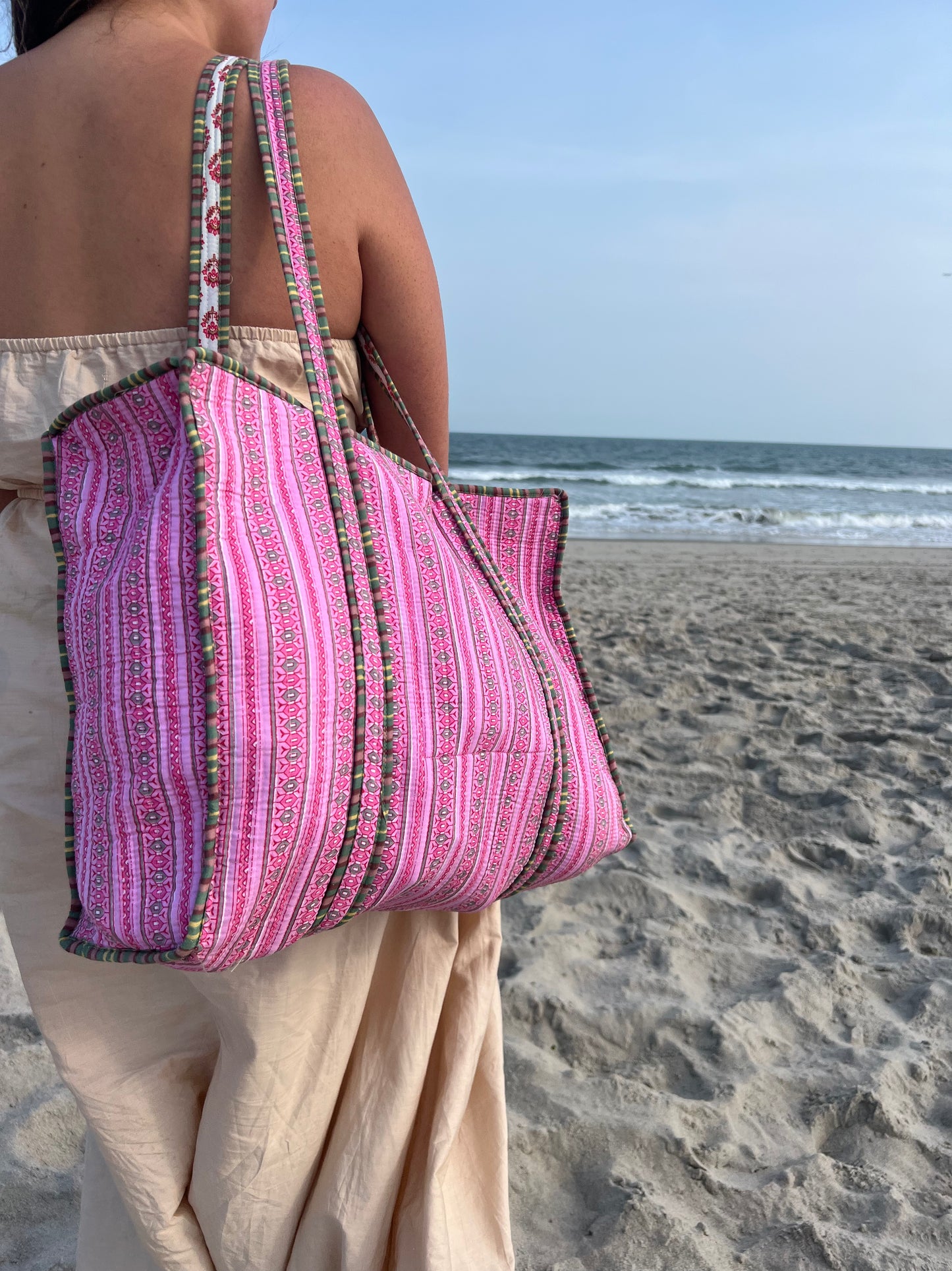 Baby Pink Block Printed Tote Bag