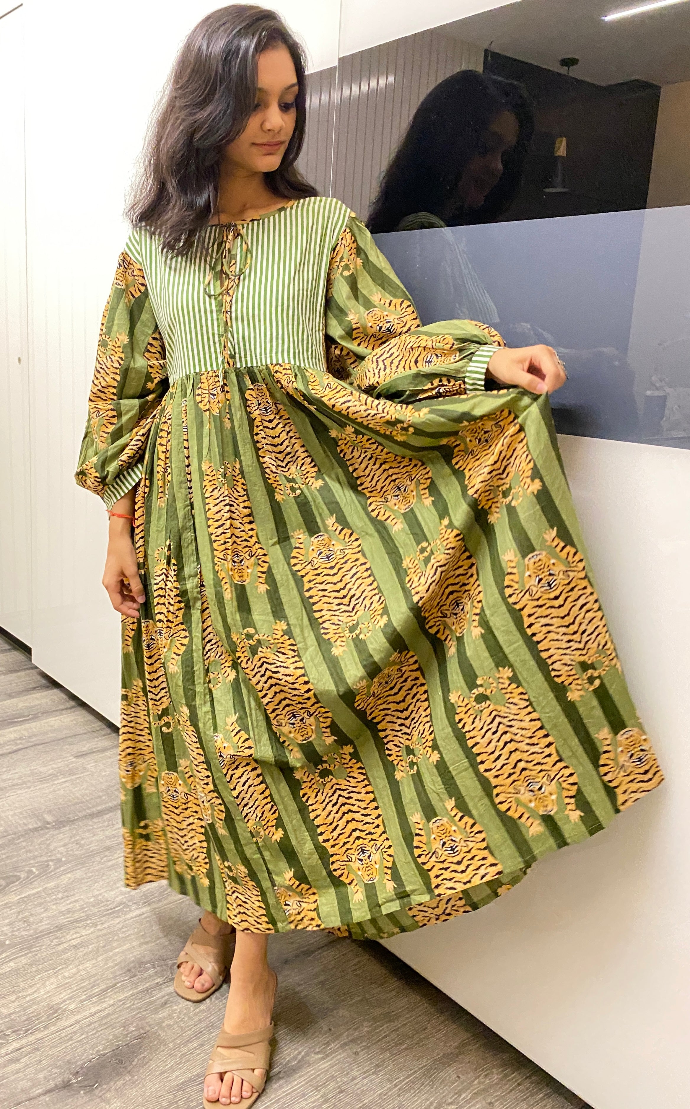 Tiger Block Printed Midi Dress - Green Amranis Tiger Block Printed Midi Dress - Green Amranis