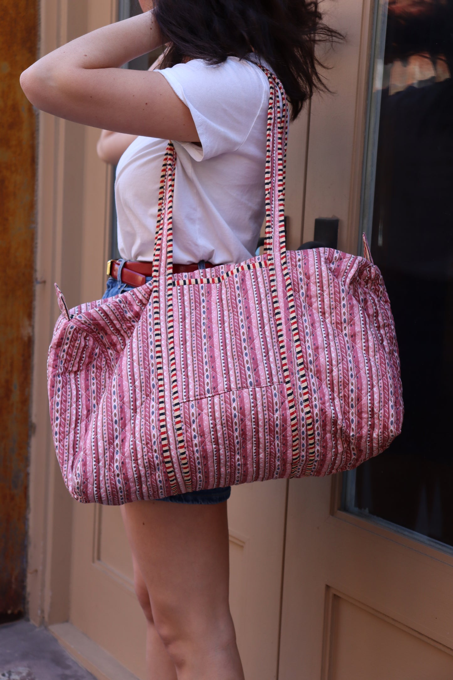 Block Printed Pink Duffle Bag