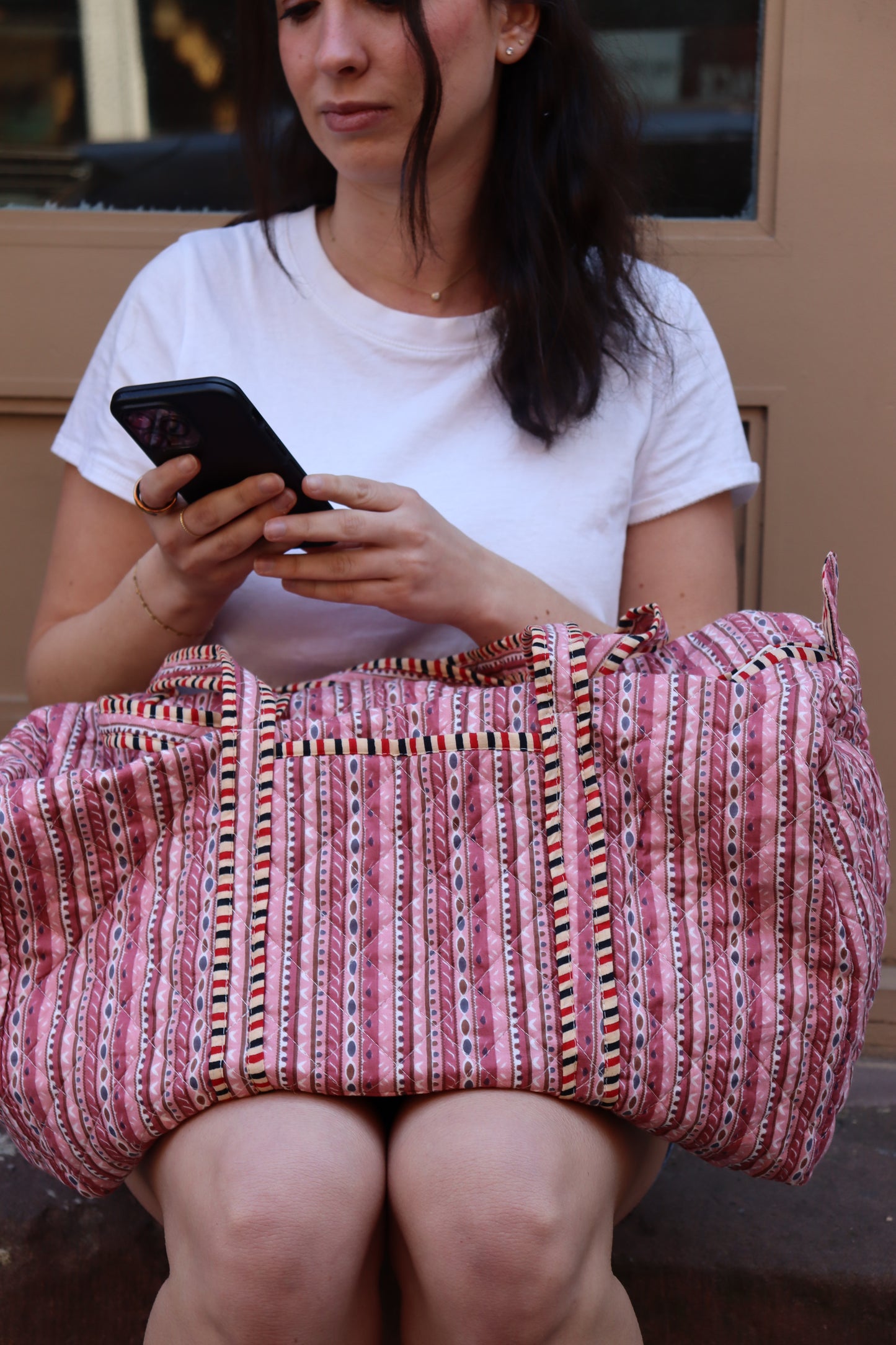 Block Printed Pink Duffle Bag