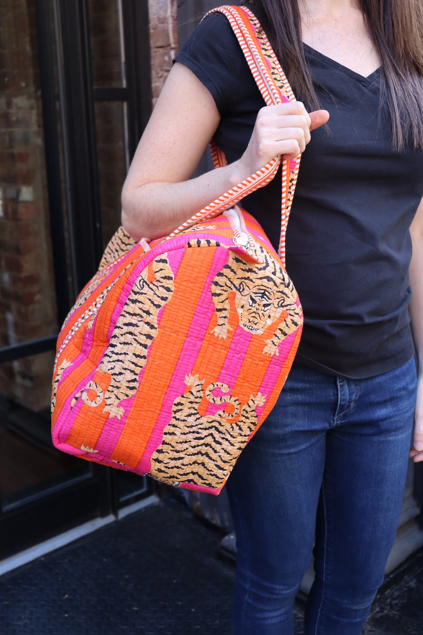 Block Printed Orange Duffle Bag