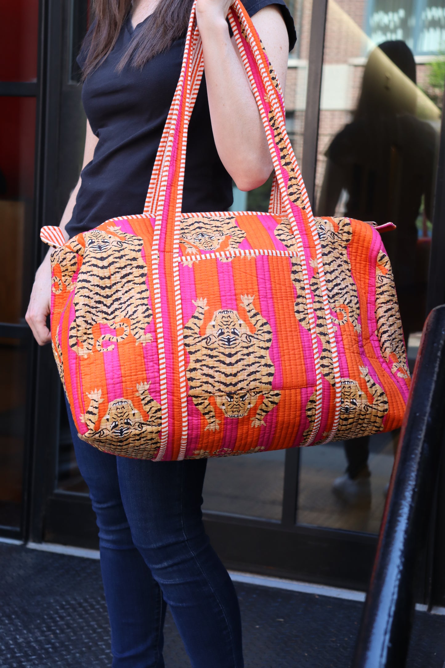 Block Printed Orange Duffle Bag