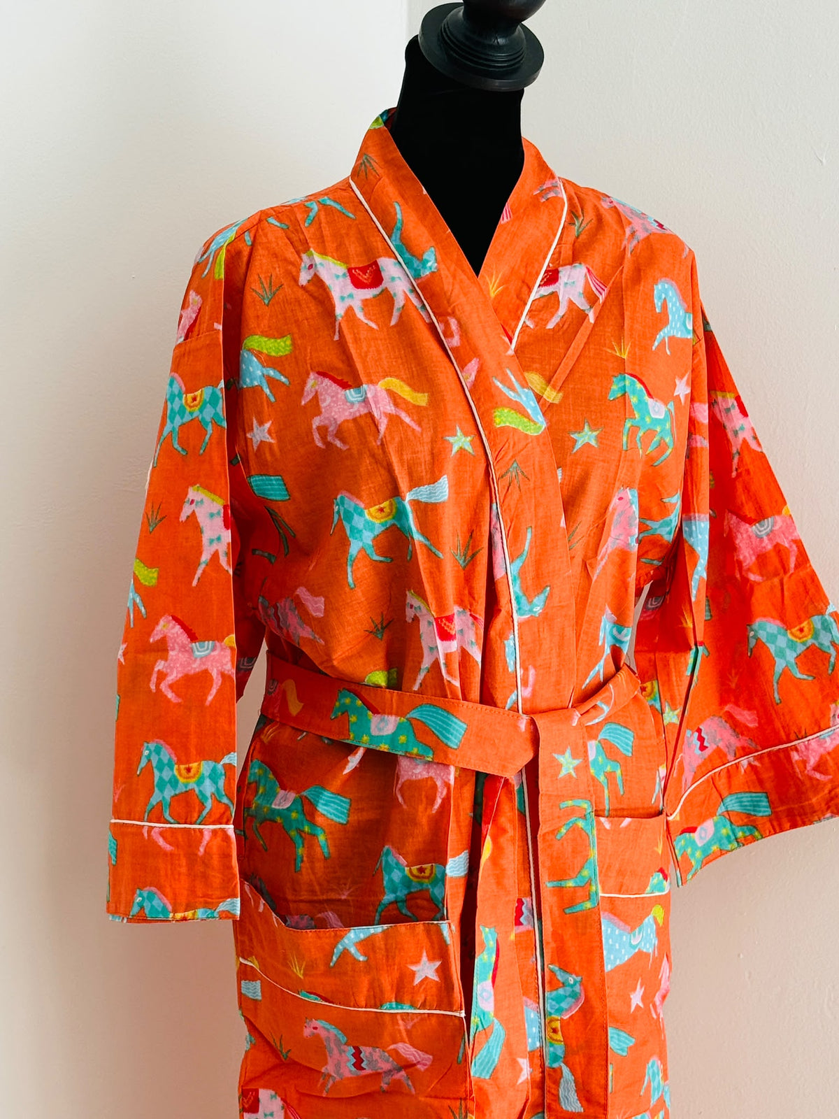 Sunset Orange & Turquoise Carousel Horse Print Kimono | Cotton Novelty Wrap Bathrobe & Lounge Dress