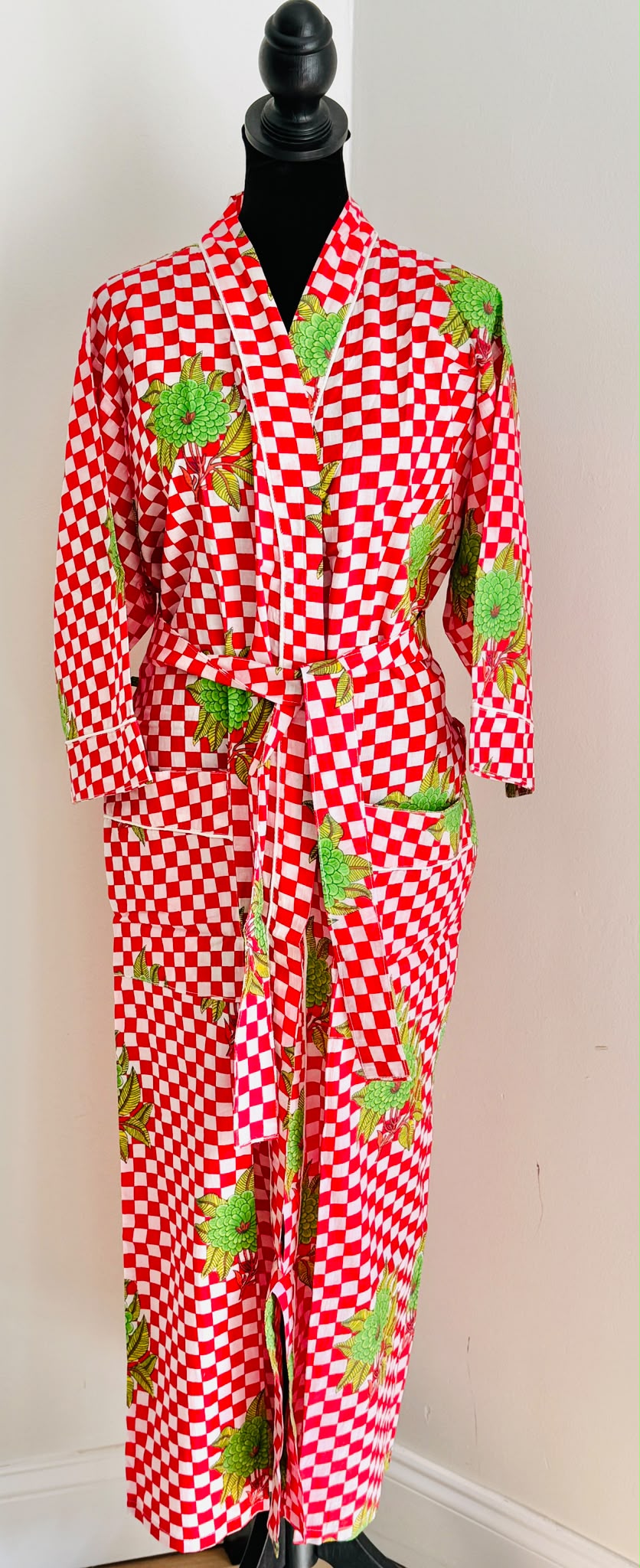 Block Print Cotton Kimono Robe | Red & White Checkered with Green Floral Lounge Robe | Spa & Sleepwear