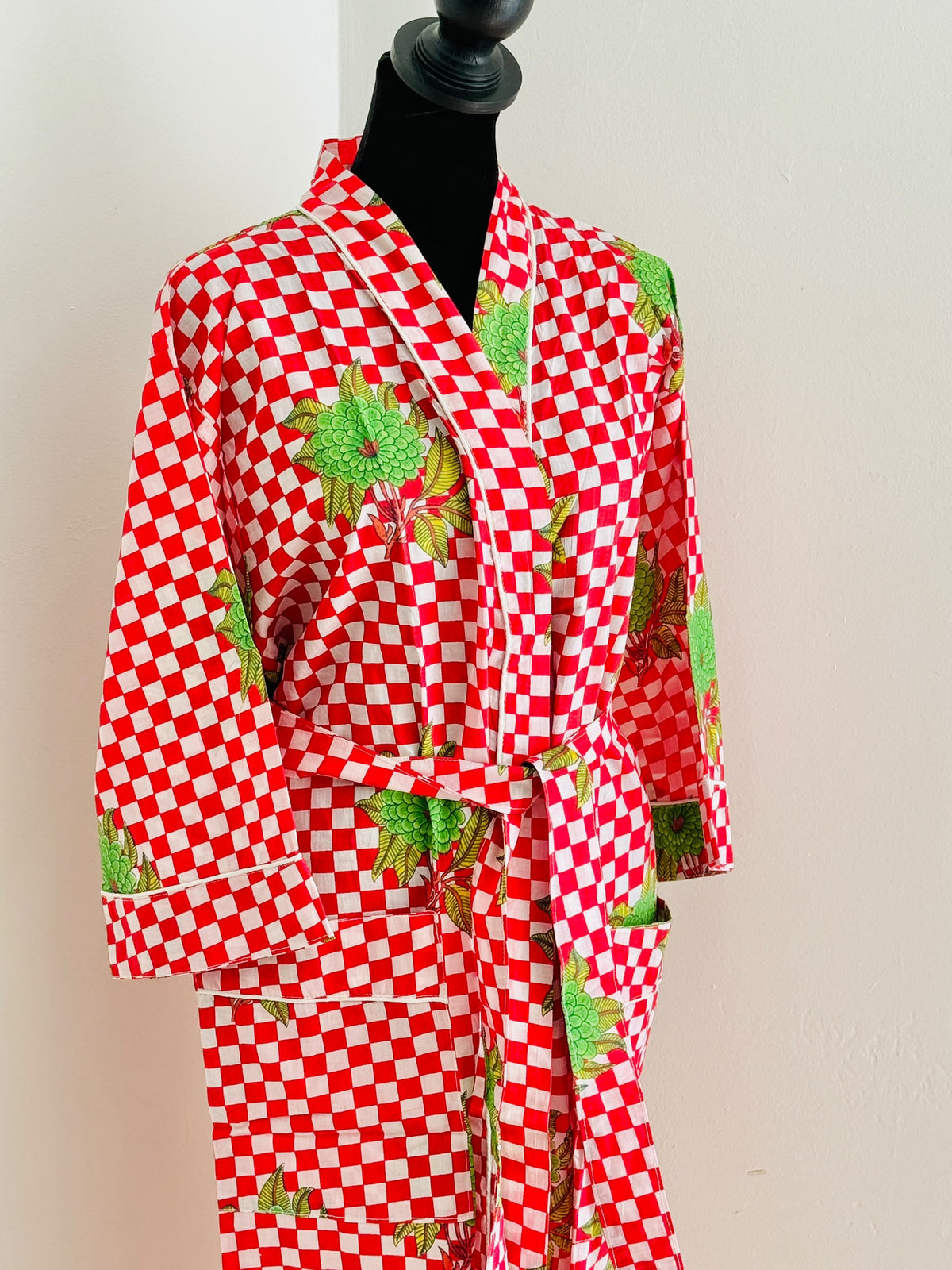 Handcrafted Block Print Cotton Kimono Robe | Brown & White Checkered with Floral Print Lounge Robe | Spa & Sleepwear