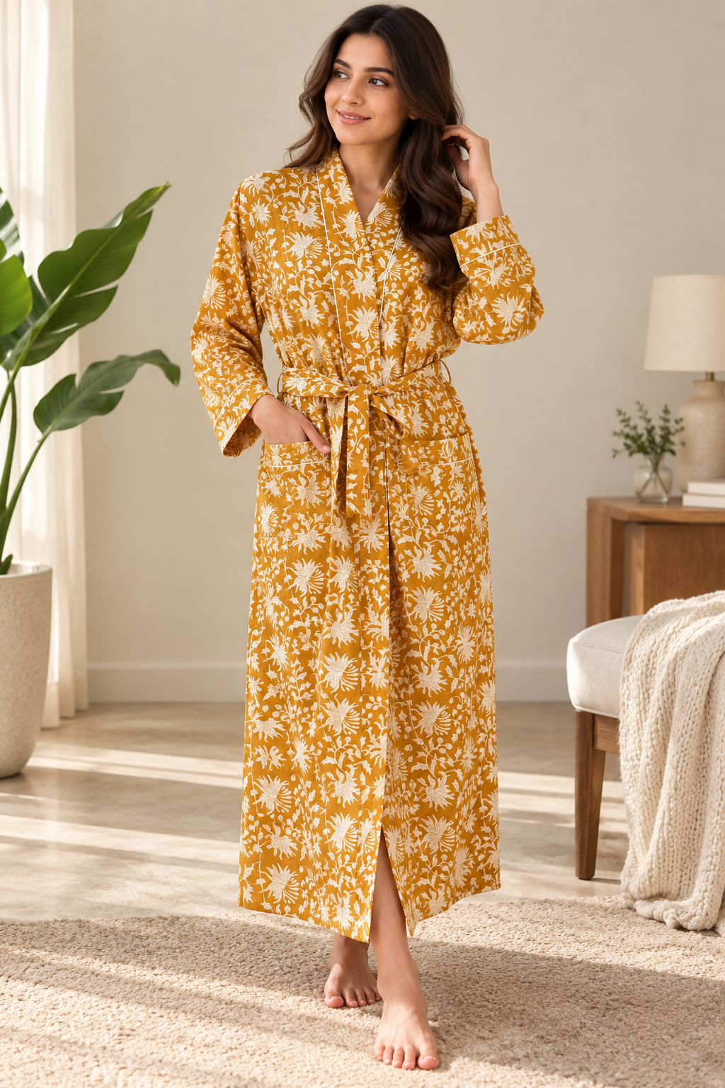 Mustard Brown & Ivory Floral Block Print Kimono | Cotton Botanical Wrap Bathrobe & Lounge Robe