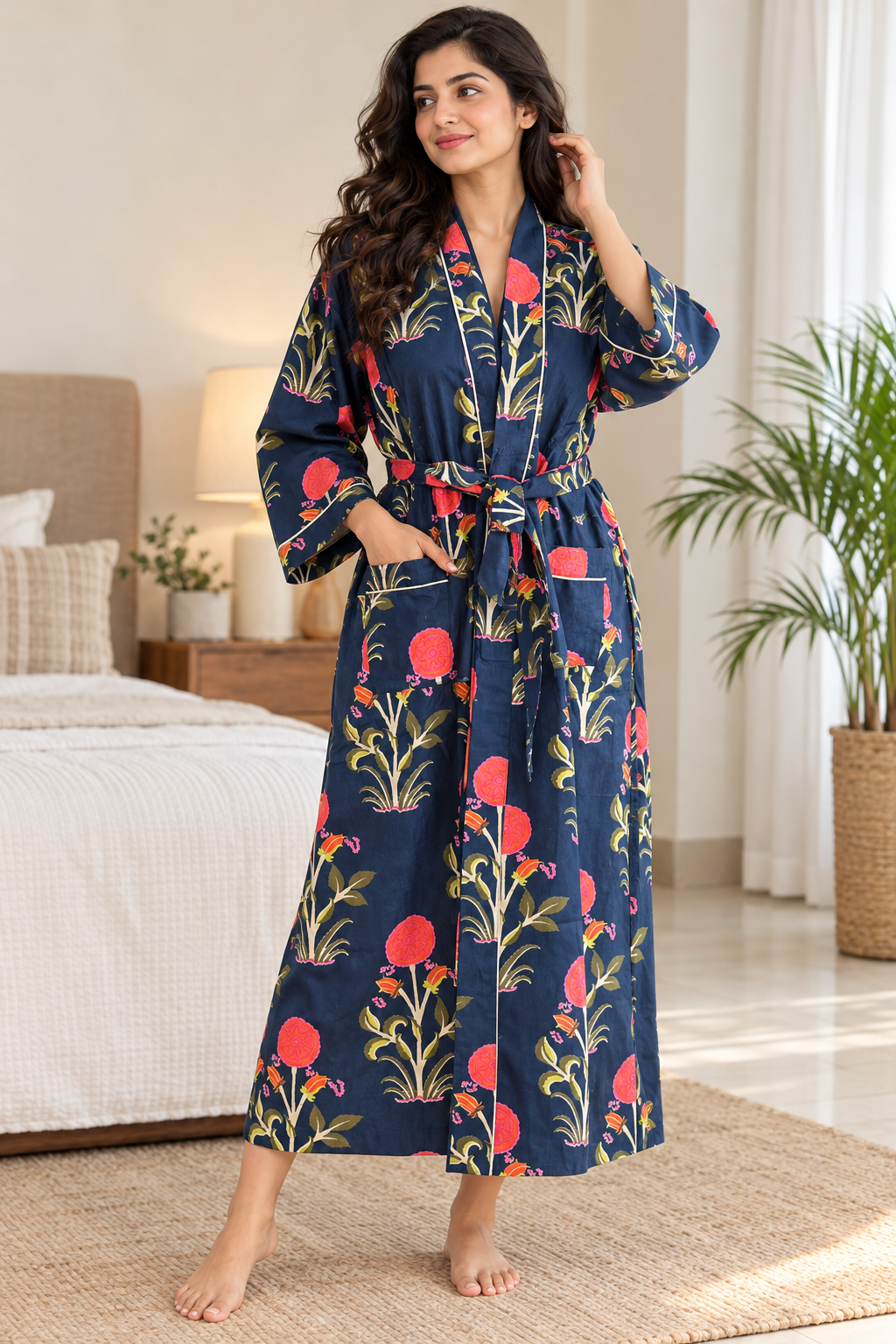 Crimson Red & Orange Botanical Cotton Wrap | Traditional Block Print Spa & Bathrobe | Resort Wear