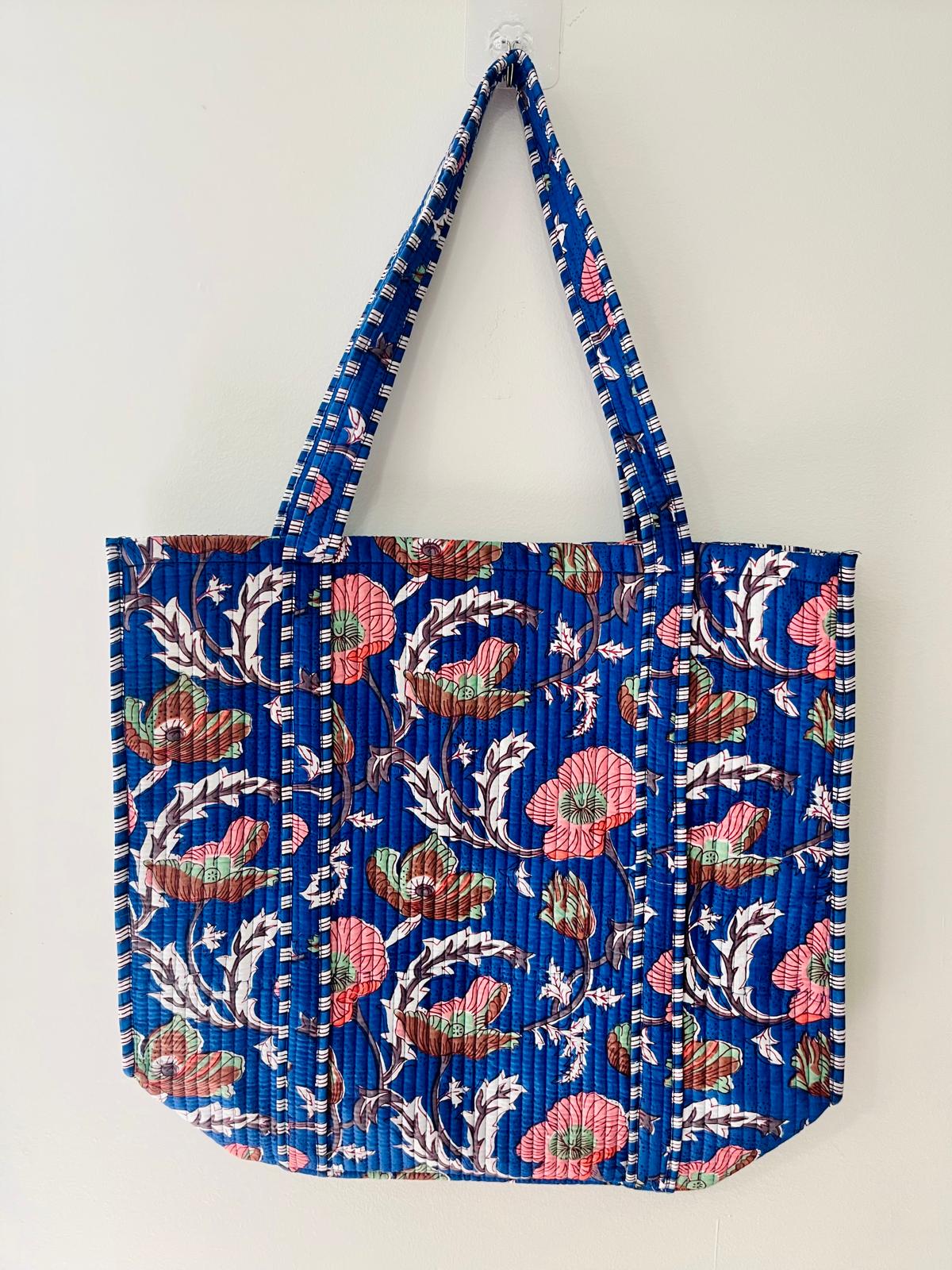 Floral Block Printed Tote Bag in Navy
