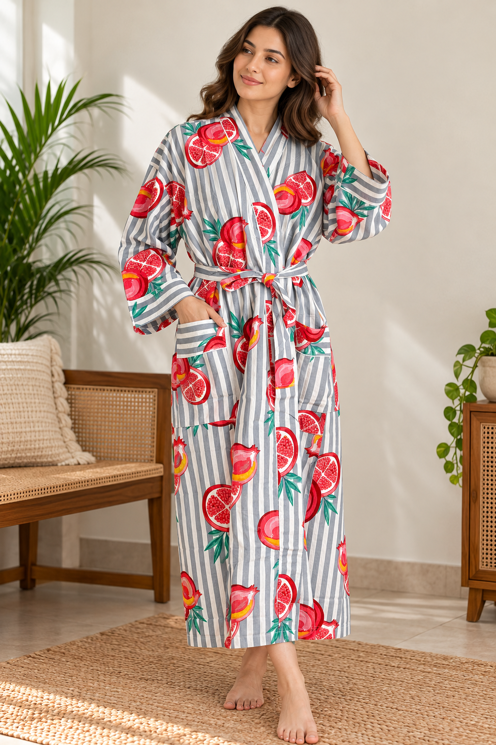 Slate Grey & White Stripe Cotton Kimono | Pomegranate Motif Block Print Spa Robe