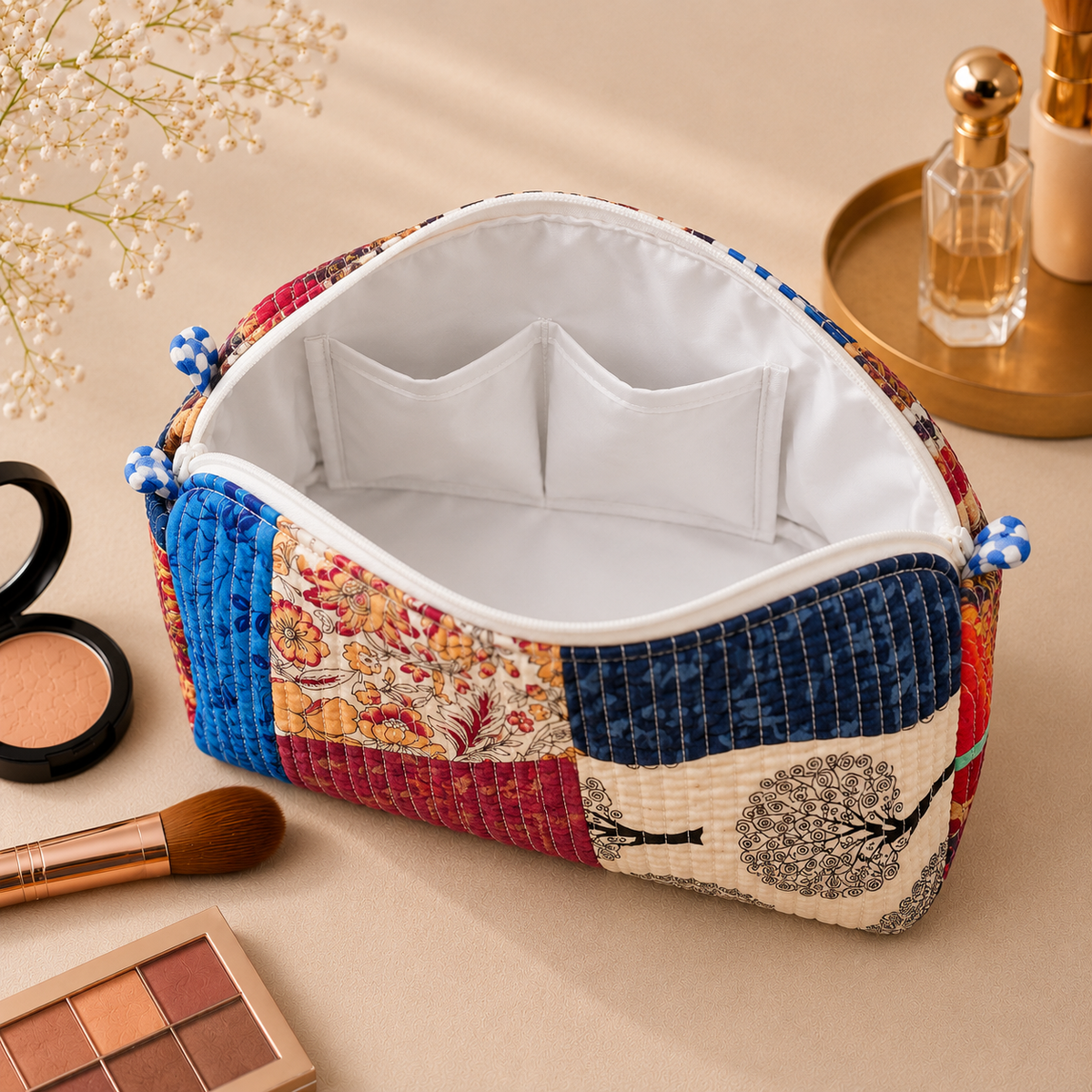 Set Of 3 Makeup Bag, Boho Kantha Patchwork Cotton Travel Case, Quilted Cosmetic Storage Bag Set