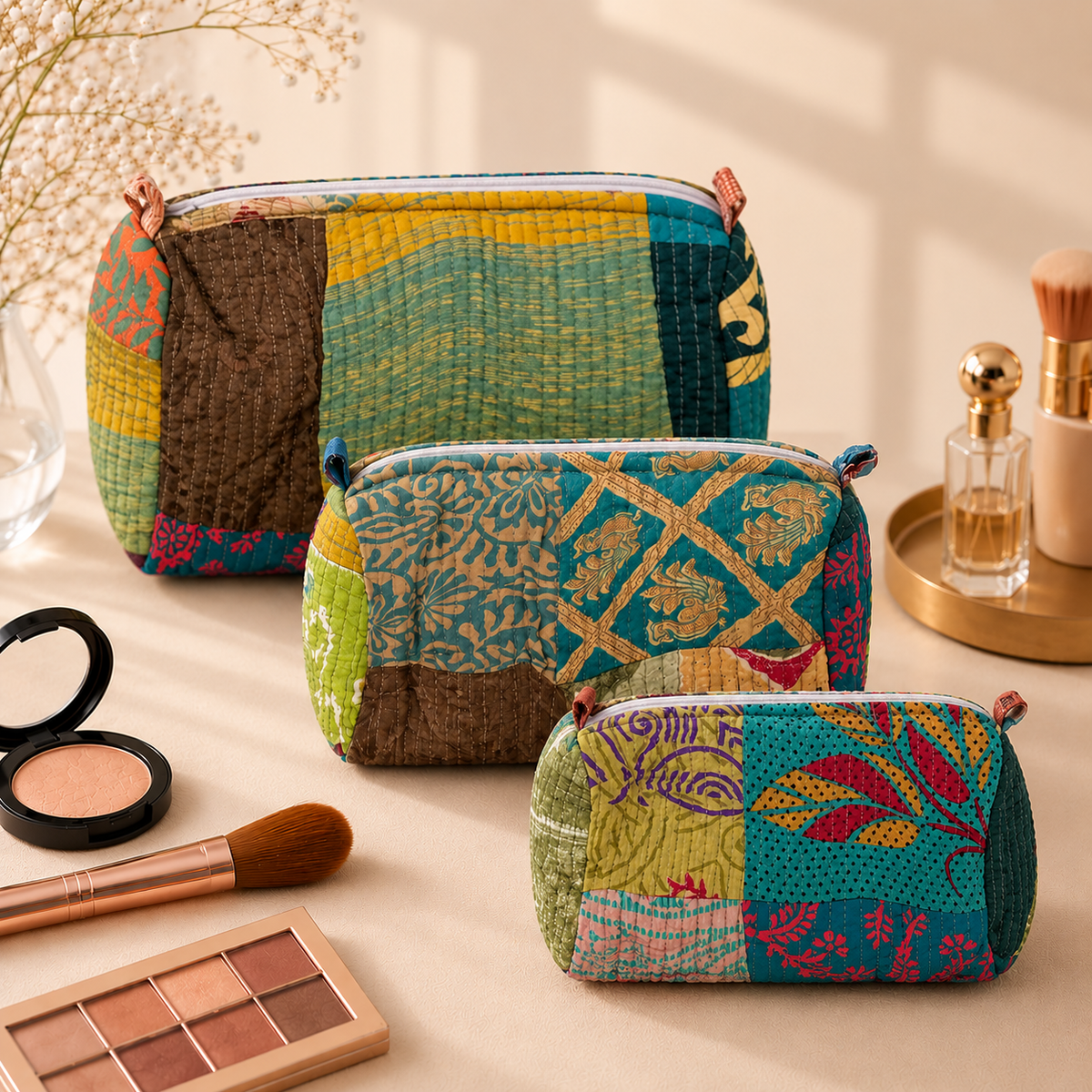 Set Of 3 Makeup Bag, Teal Patchwork Block Print Cotton Travel Case, Quilted Cosmetic Storage Bag Set