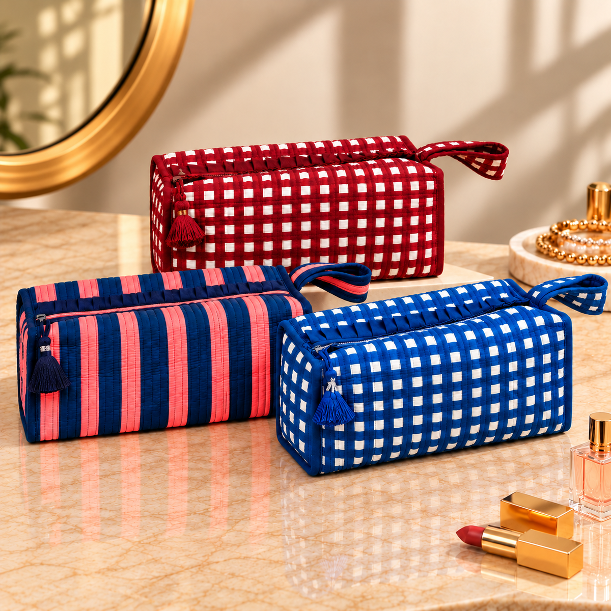 Large Quilted Makeup Bag, Coastal Stripe Travel Toiletry Case, Cotton Cosmetic Storage Bag with Handle