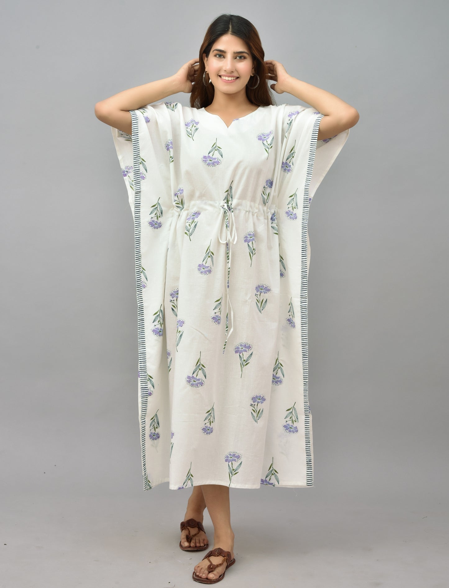 Floral Block Printed Cotton Kaftan