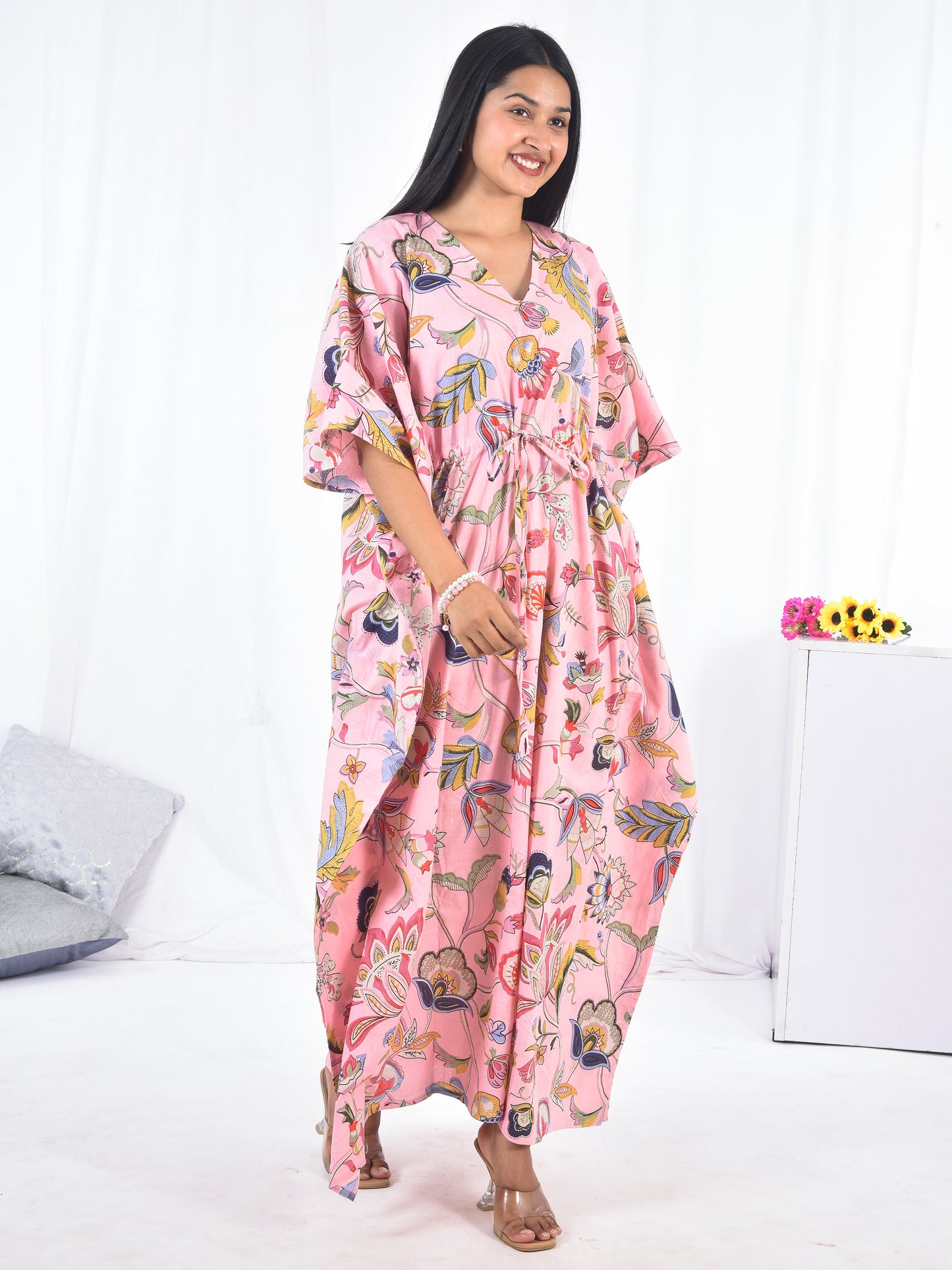 Hand Block-Floral Print Cotton Kaftan
