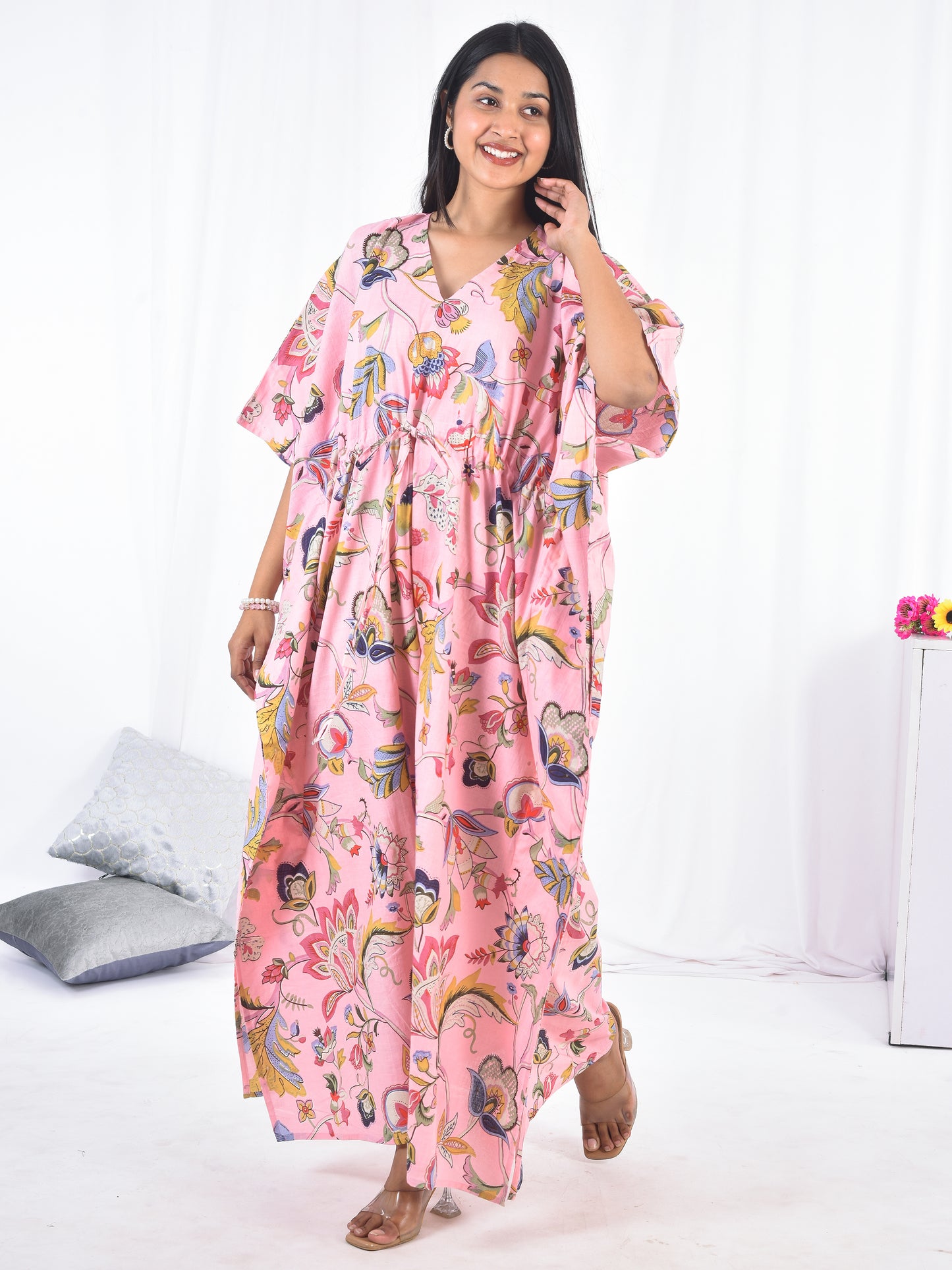 Hand Block-Floral Print Cotton Kaftan