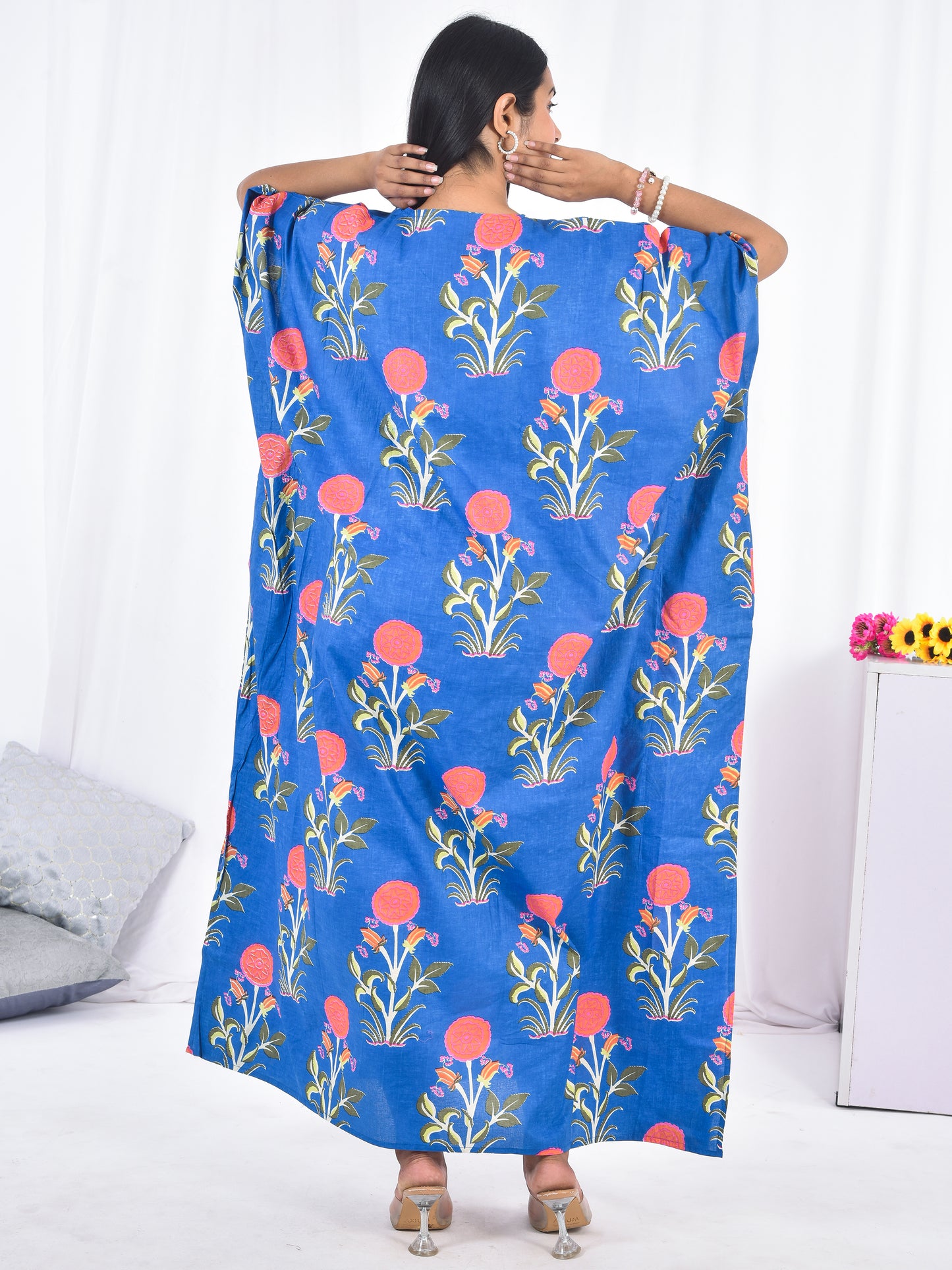 Hand Block Floral Print Blue Cotton Kaftan