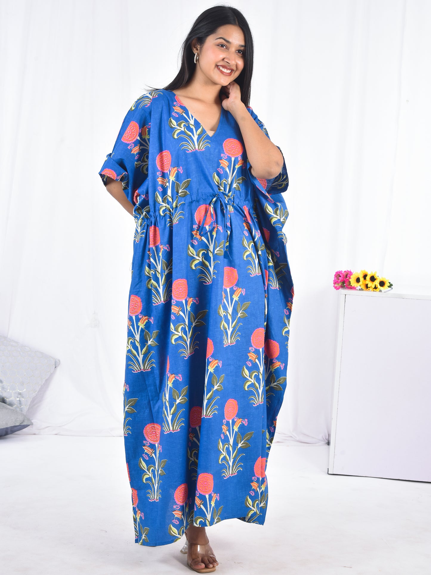 Hand Block Floral Print Blue Cotton Kaftan