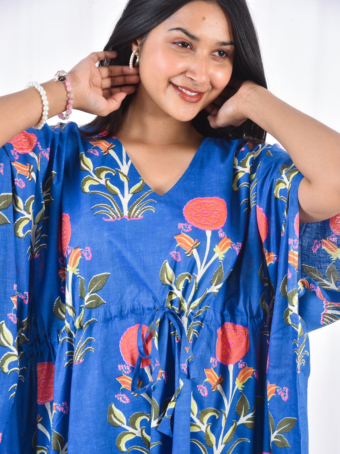 Hand Block Floral Print Blue Cotton Kaftan