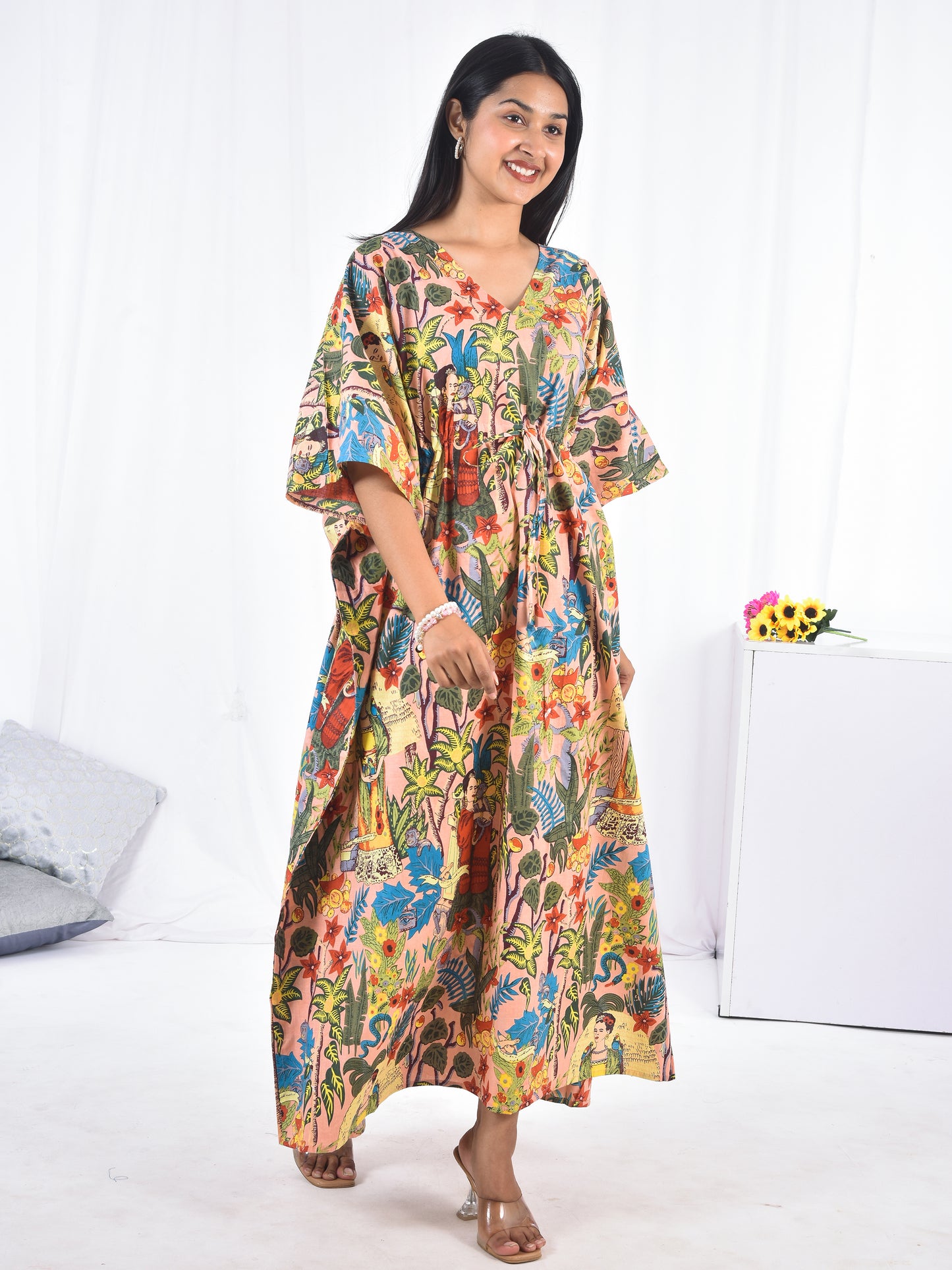 Frida Kahlo Cotton Kaftan in Beige