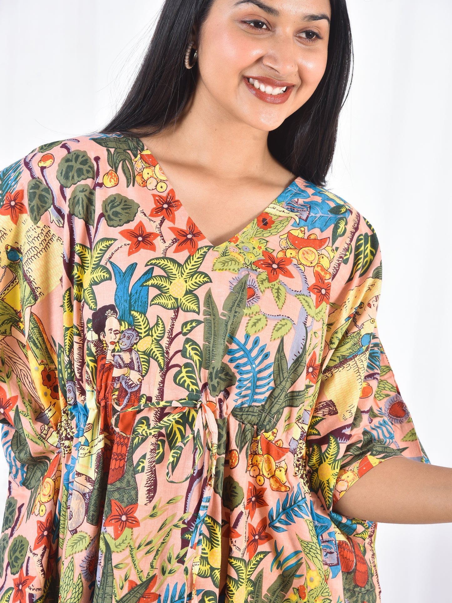 Frida Kahlo Cotton Kaftan in Beige